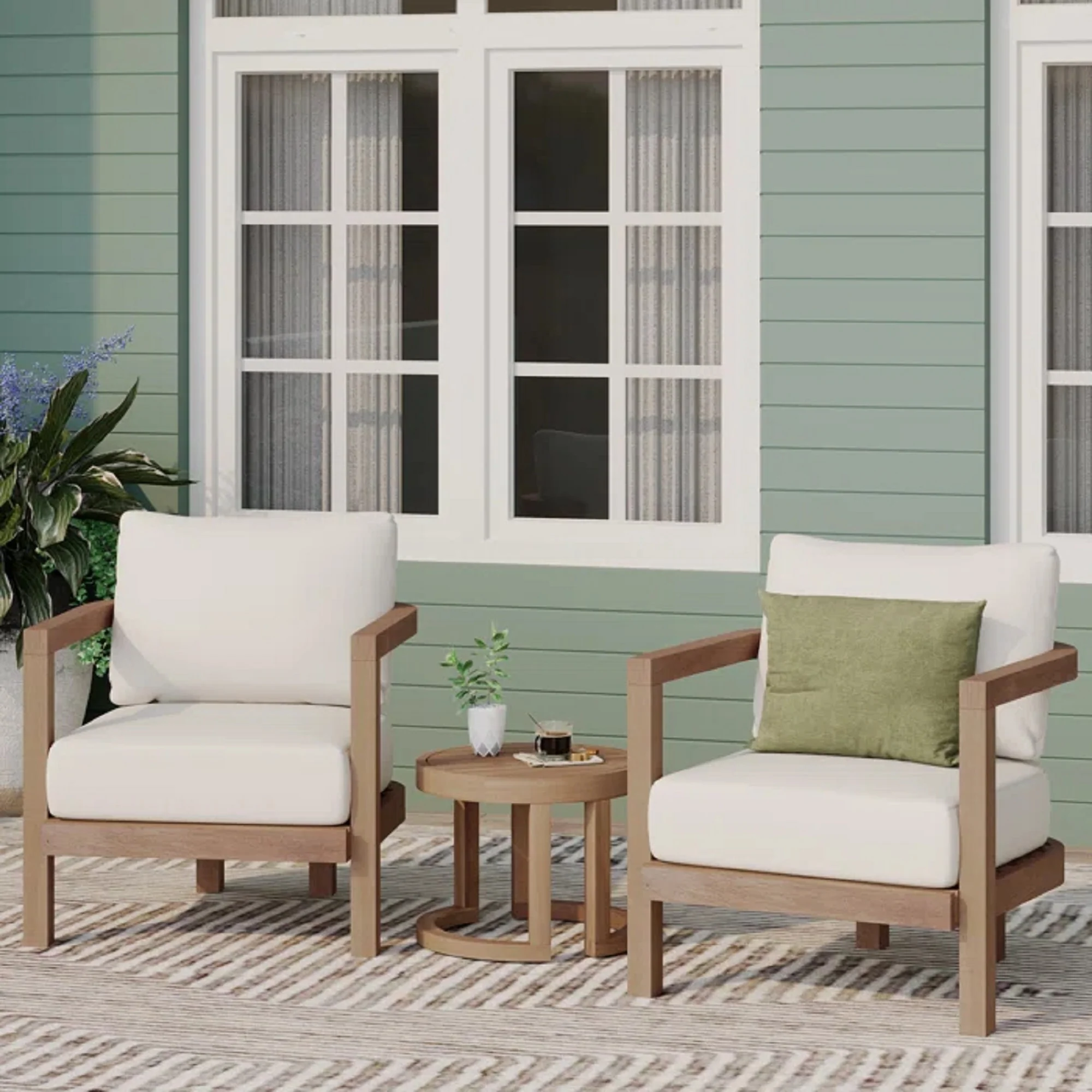 3-Piece Outdoor Set with 2 Open Back Club Chairs and Wooden Table