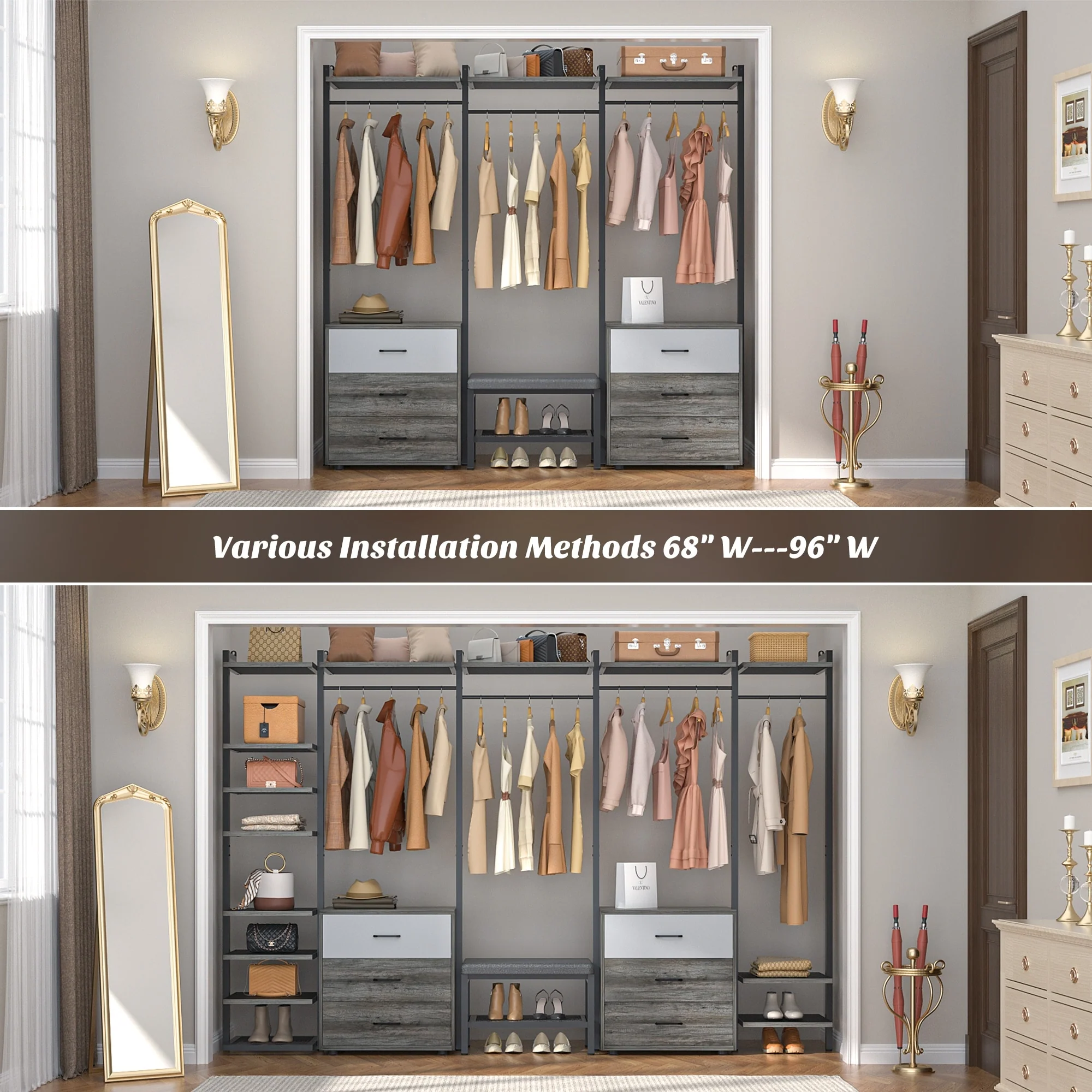 Walk in Closet System with 6 Closet Drawers, 96'' Multifunctional Clothes Rack Closet Organizer