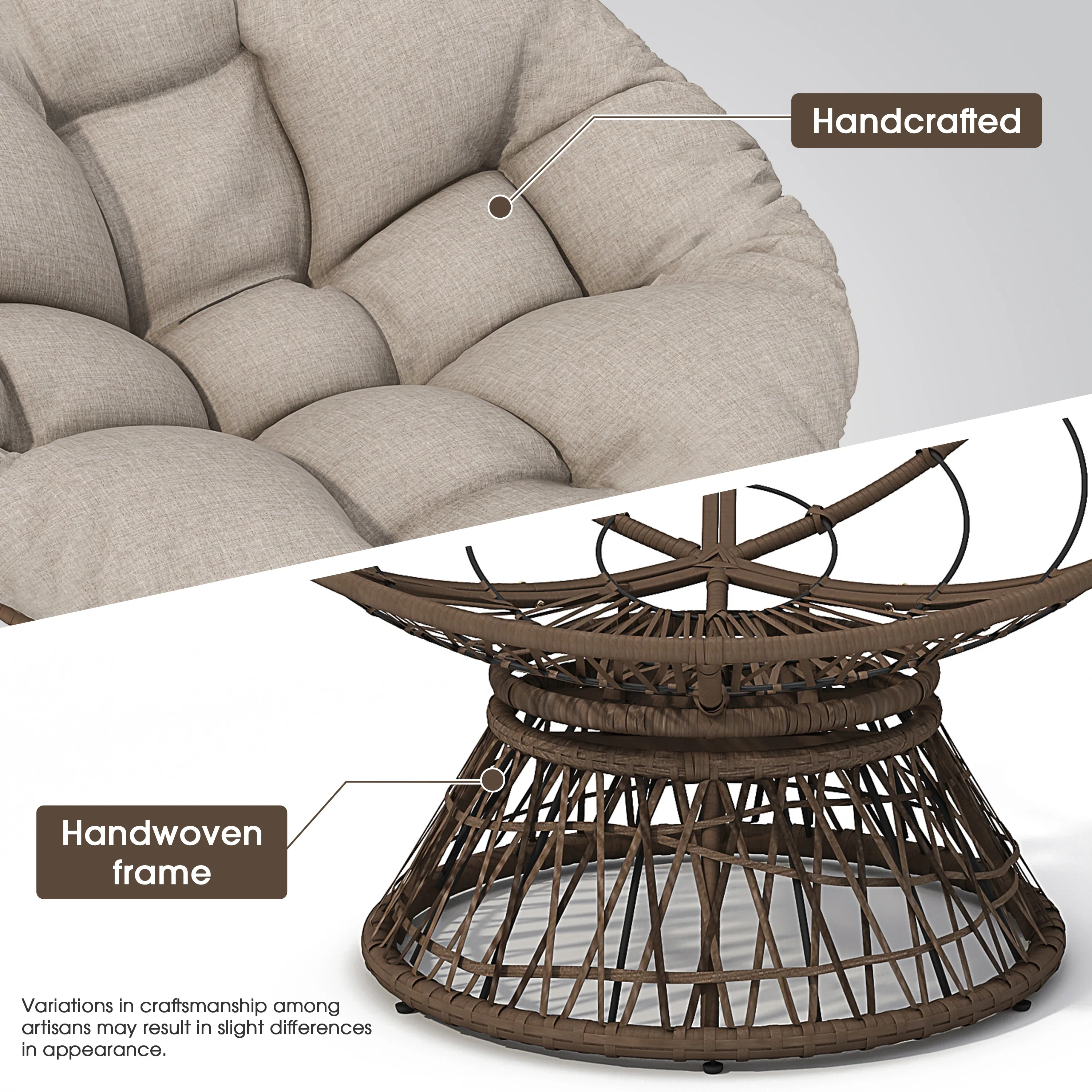Papasan Wicker Chair with Fabric Cushion and 360 Degree Swivel