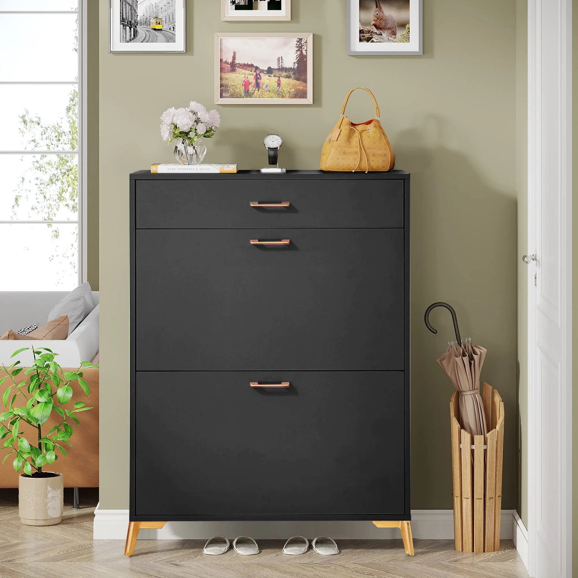 Freestanding Shoe Cabinet for Entryway, with 2 Flip Doors and Drawer - 32'W x 10''D x 43''H