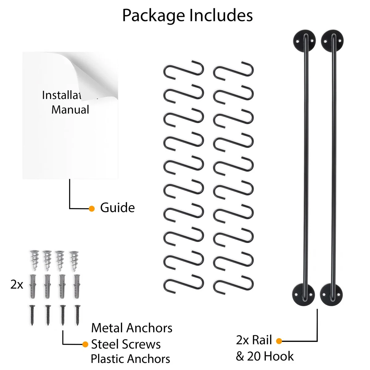 Wallniture Cucina Kitchen Utensil Holder with 20 S Hooks, Pot Racks, Black (Set of 2)