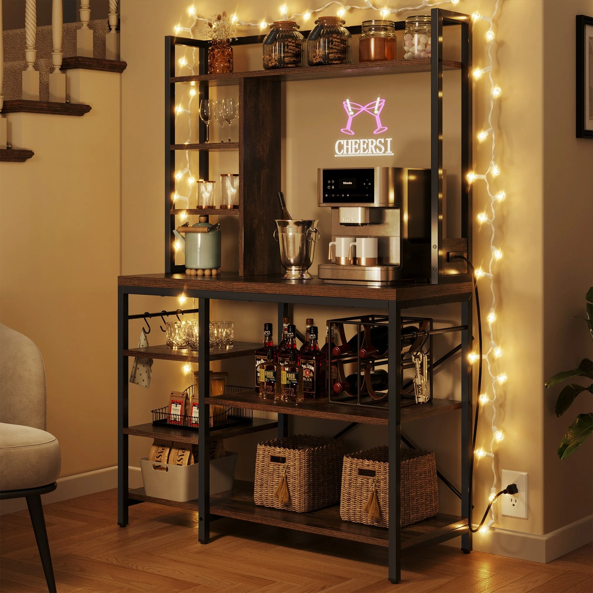 Moasis Kitchen Bakers Rack Utility Storage Shelf with Power Outlets Microwave Oven Stand