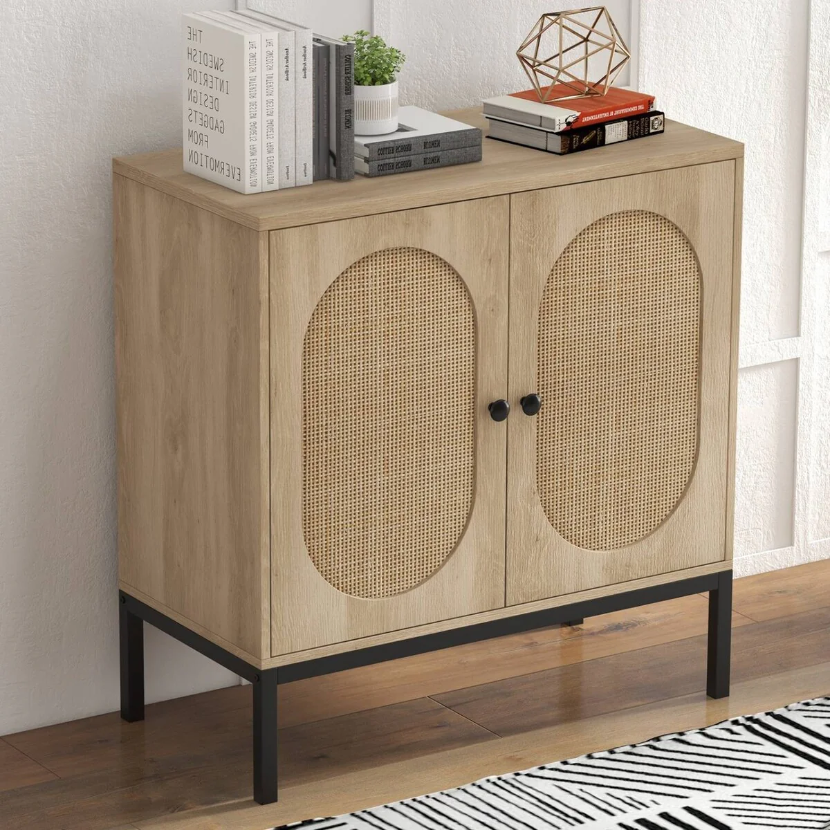 Beige Rattan Storage Cabinet with Doors and Shelves - N/A