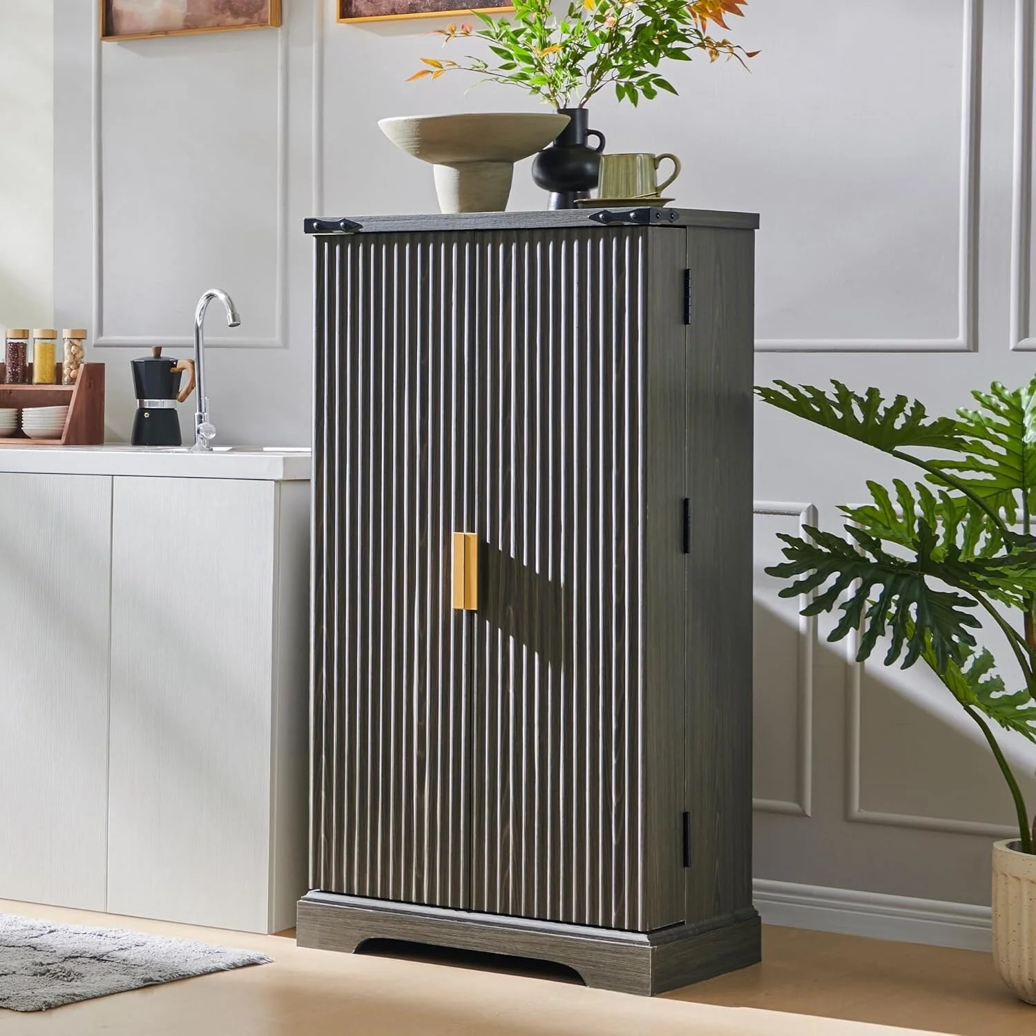 Modern Fluted Pantry Cabinet, Storage Cabinet, Wood Cupboard Organizer