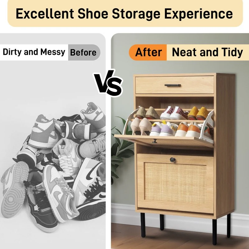Real Rattan Shoe Cabinet with 2 Flip Drawers & 1 Small Drawer