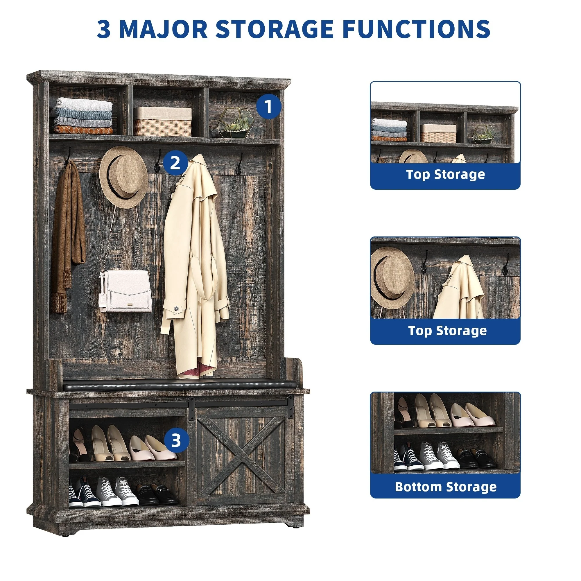 Moasis Farmhouse Hall Tree with Bench and Shoe Storage with 10 Hooks for Entryway