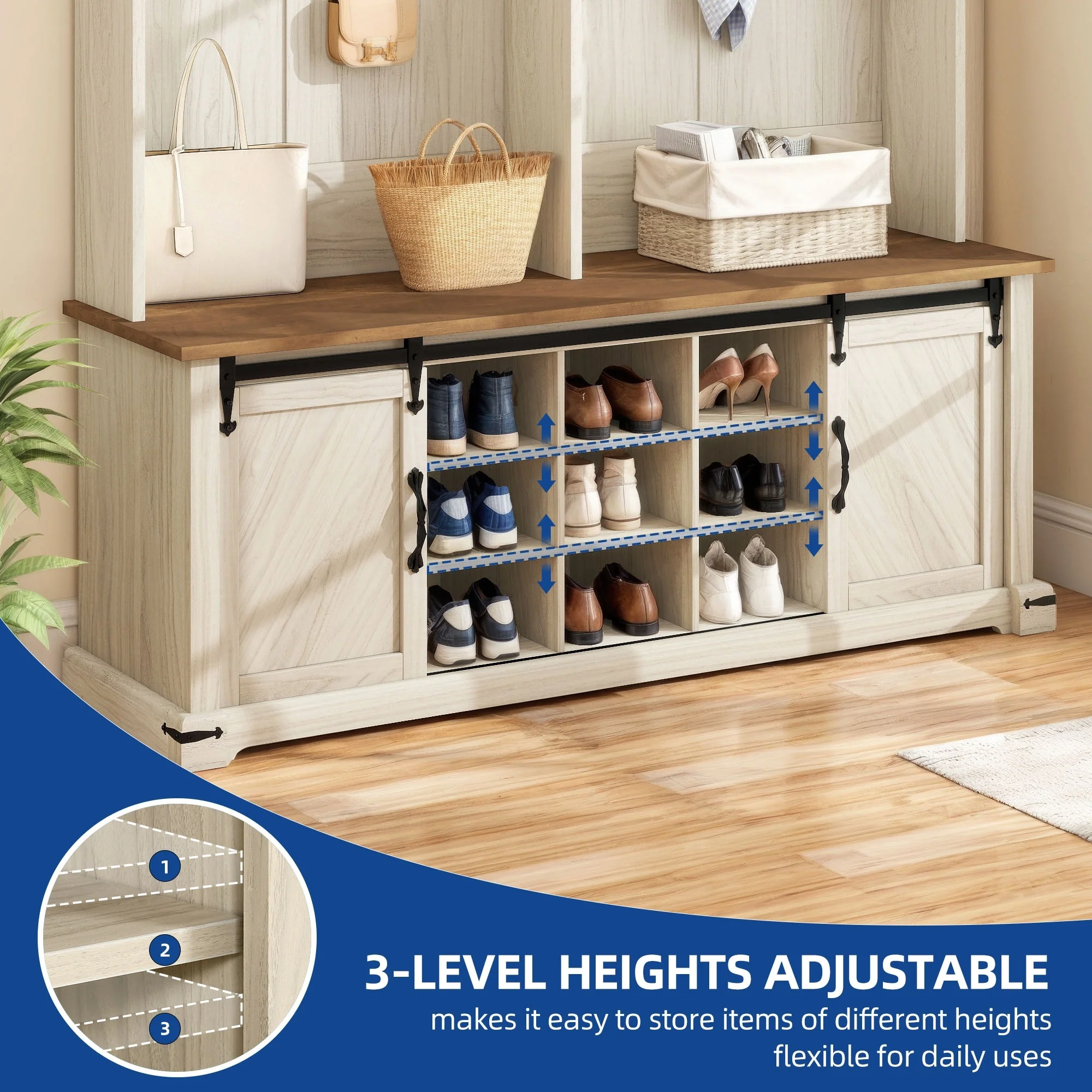 Moasis Farmhouse Hall Tree with Bench and Shoe Storage with 10 Hooks for Entryway