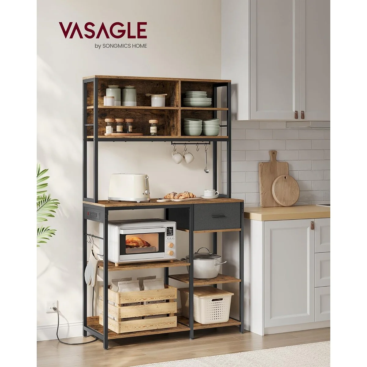 VASAGLE Bakers Rack with Charging Station, Coffee Bar Stand with Adjustable Storage Shelves
