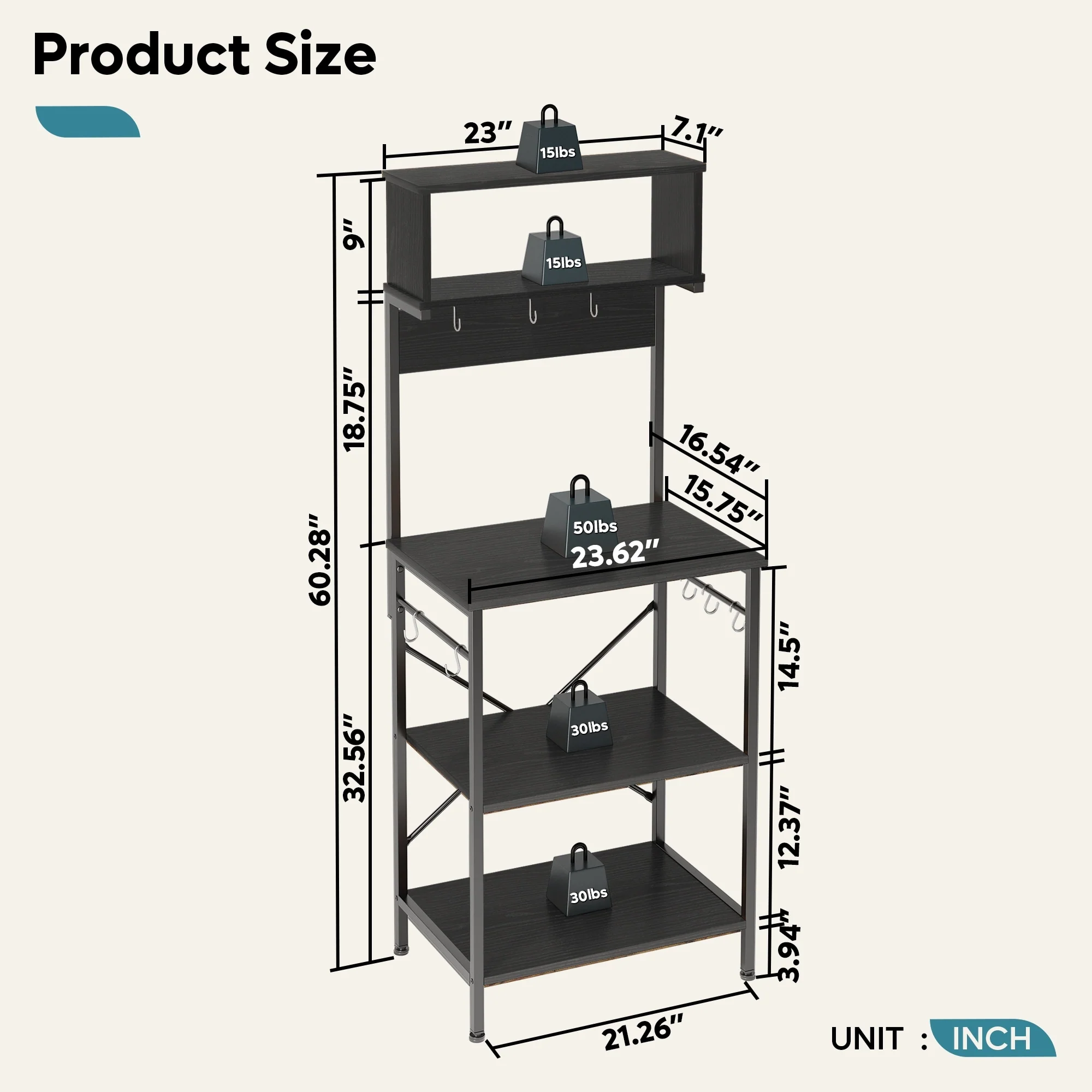 60 Inch Kitchen Baker's Rack with Hutch 8 Side Hooks
