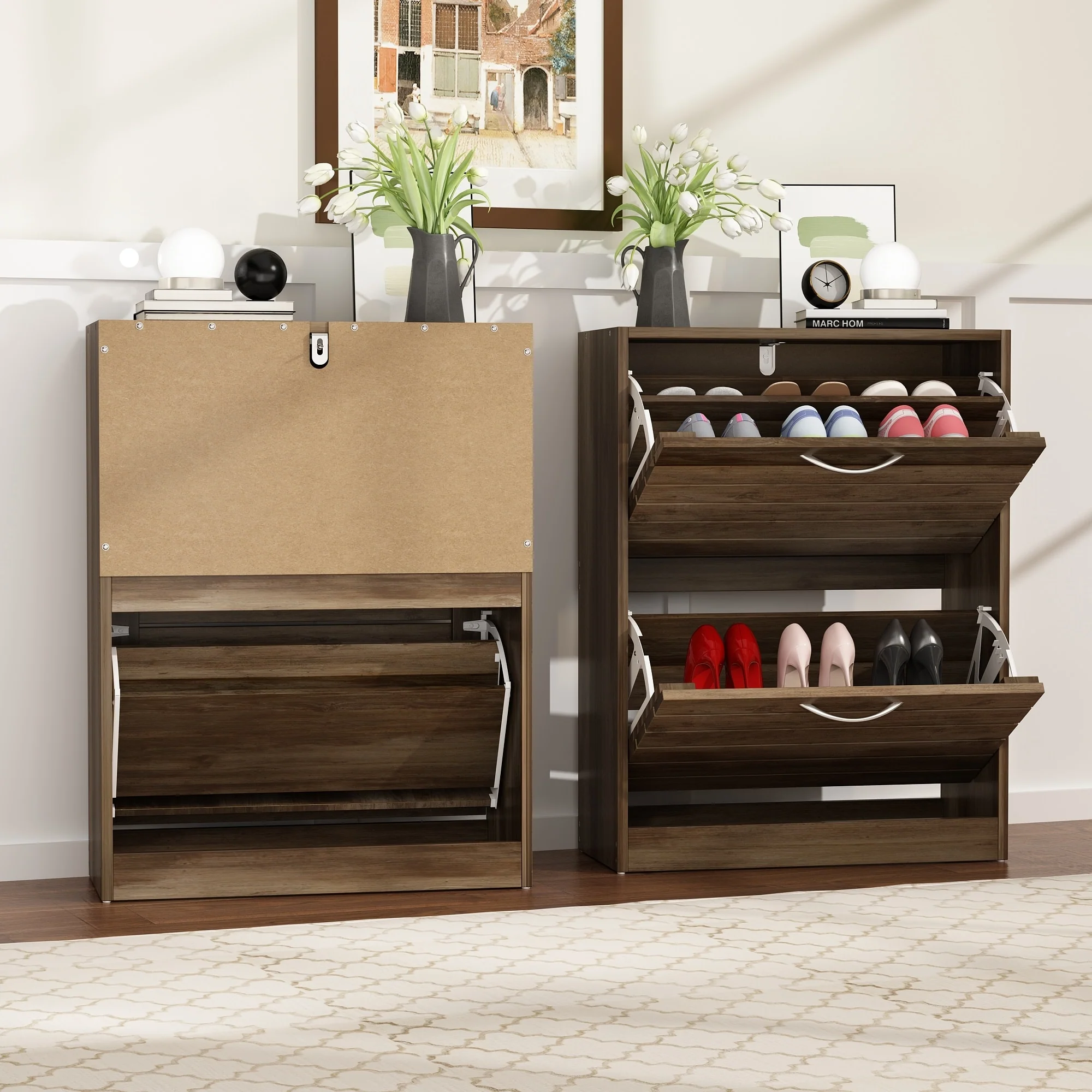 Shoe Storage Cabinet Two Drawer Space Saving Grey/Oak/White Dresser