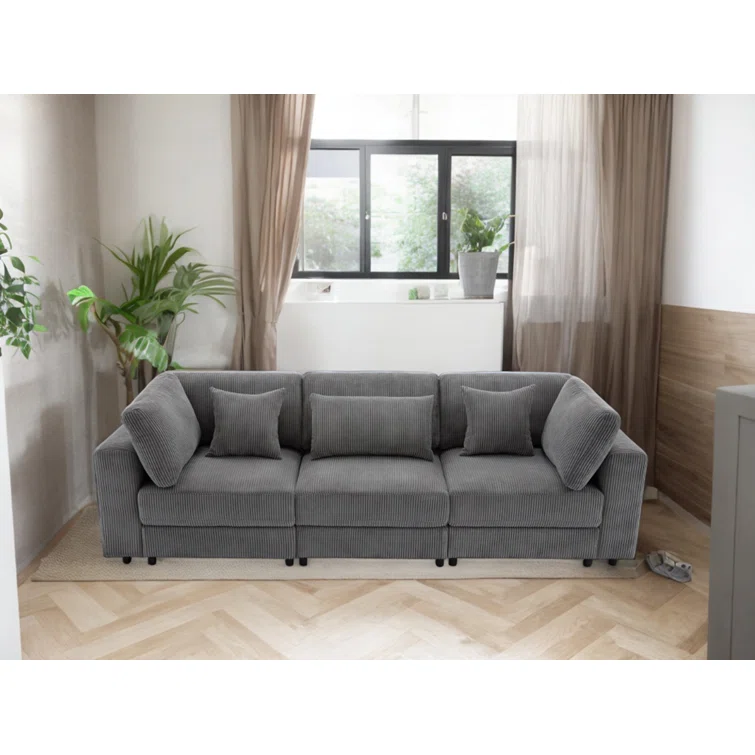 Pasol 3-Seater Sofa with Removable Back Cushions and 5 Pillows Soft Corduroy Cushions