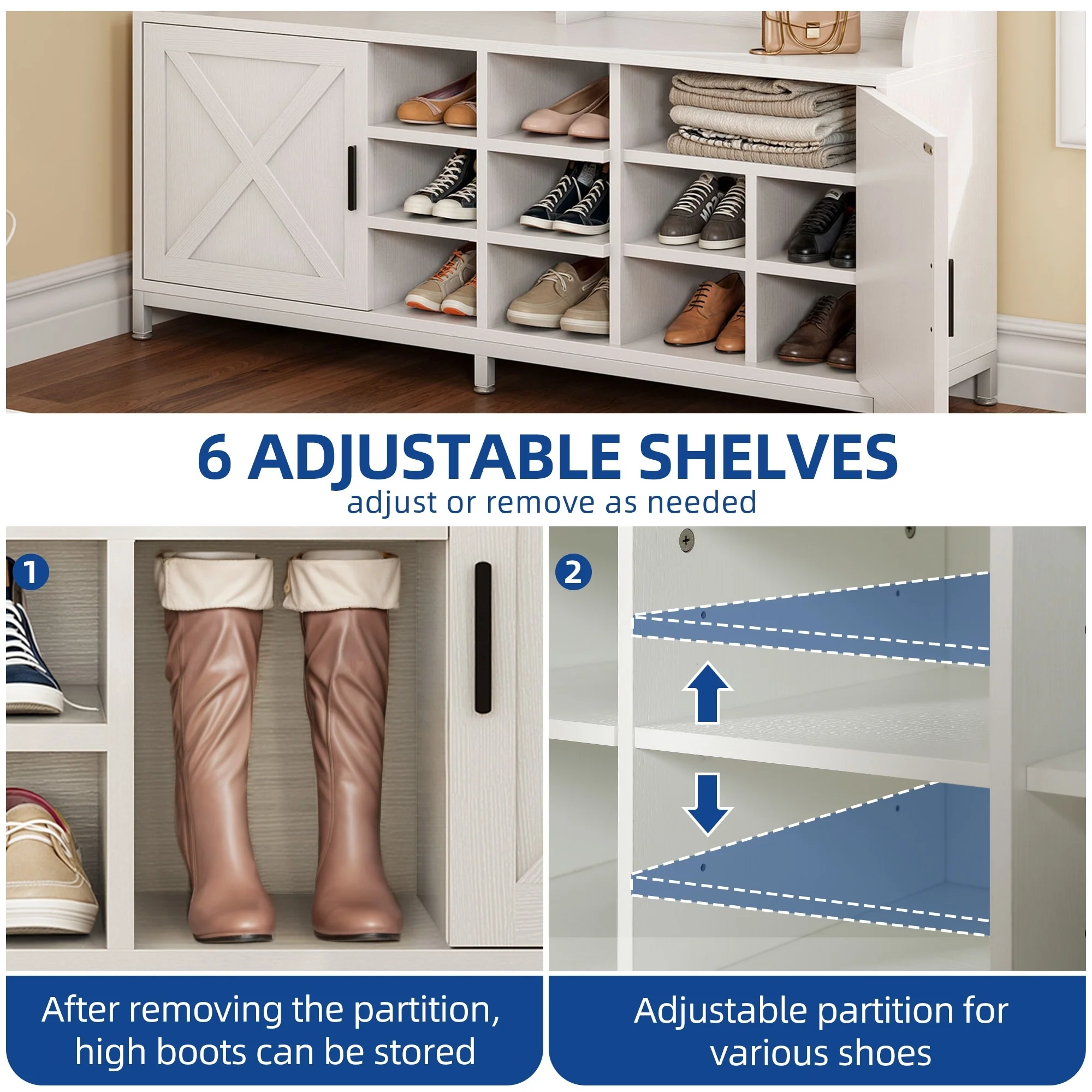 Moasis Farmhouse Hall Tree with Bench and Shoe Storage with 10 Hooks for Entryway