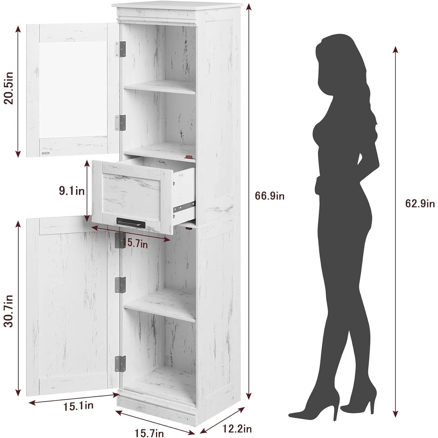 Tall Bathroom Cabinet, Freestanding Storage Cabinet with Glass Doors
