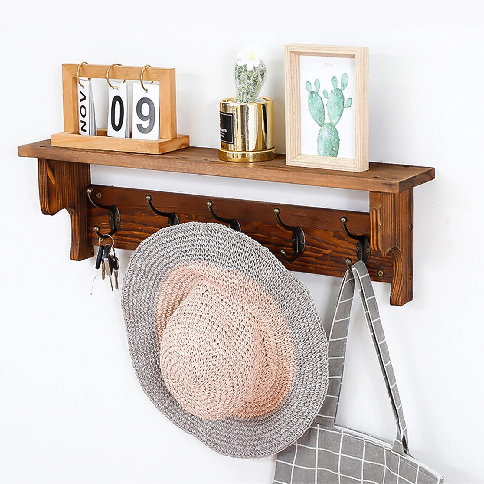 Rustic Wall Mounted Coat Rack with Storage Shelf & Metal Hooks