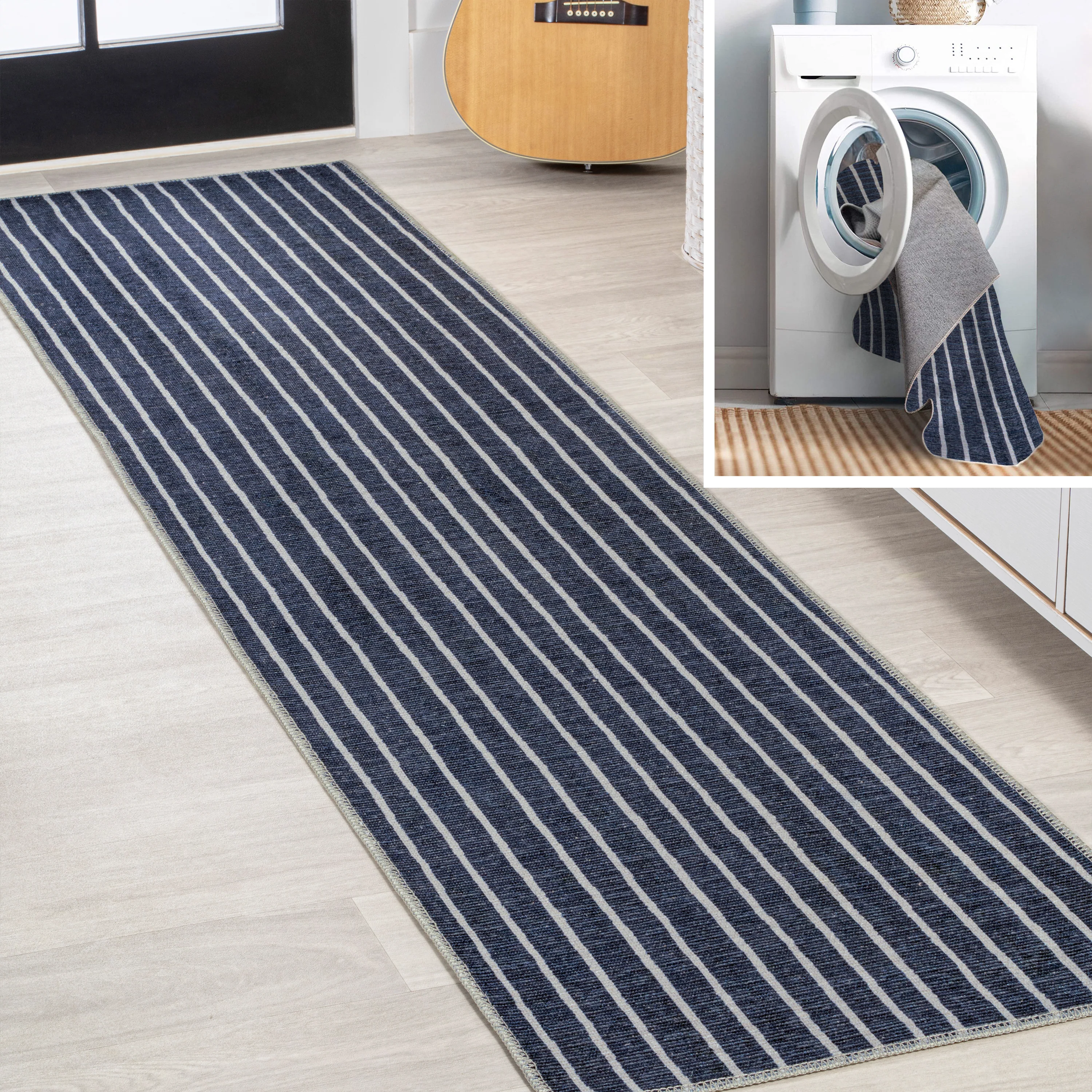 Rand Distressed Ticking Stripe Machine-Washable Area Rug