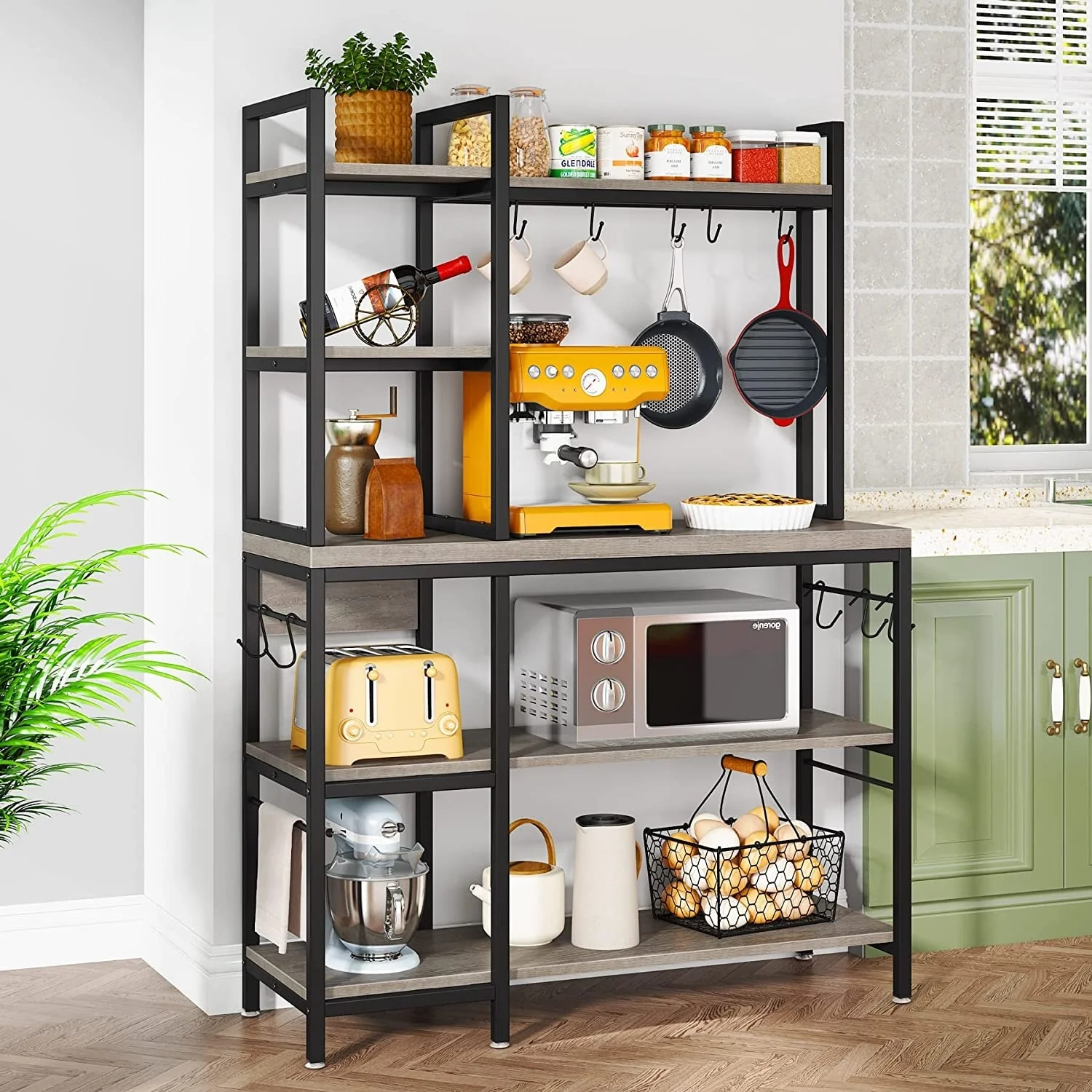43 inch Kitchen Bakers Rack with Microwave Stand 5-Tier Kitchen Utility Storage Shelf Rack and10 Hooks for Kitchen Living Room