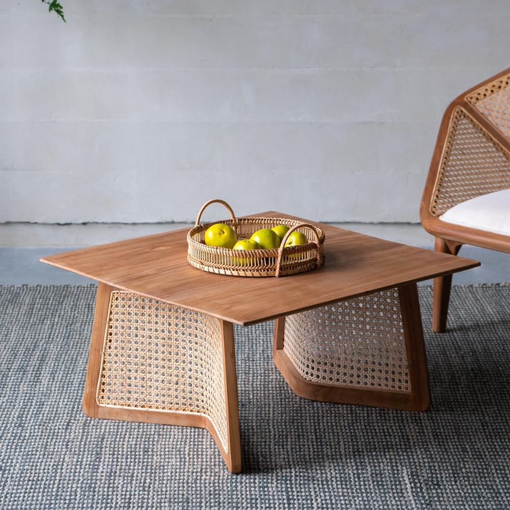 Square Coffee Table with Wooden Top and Rattan Base