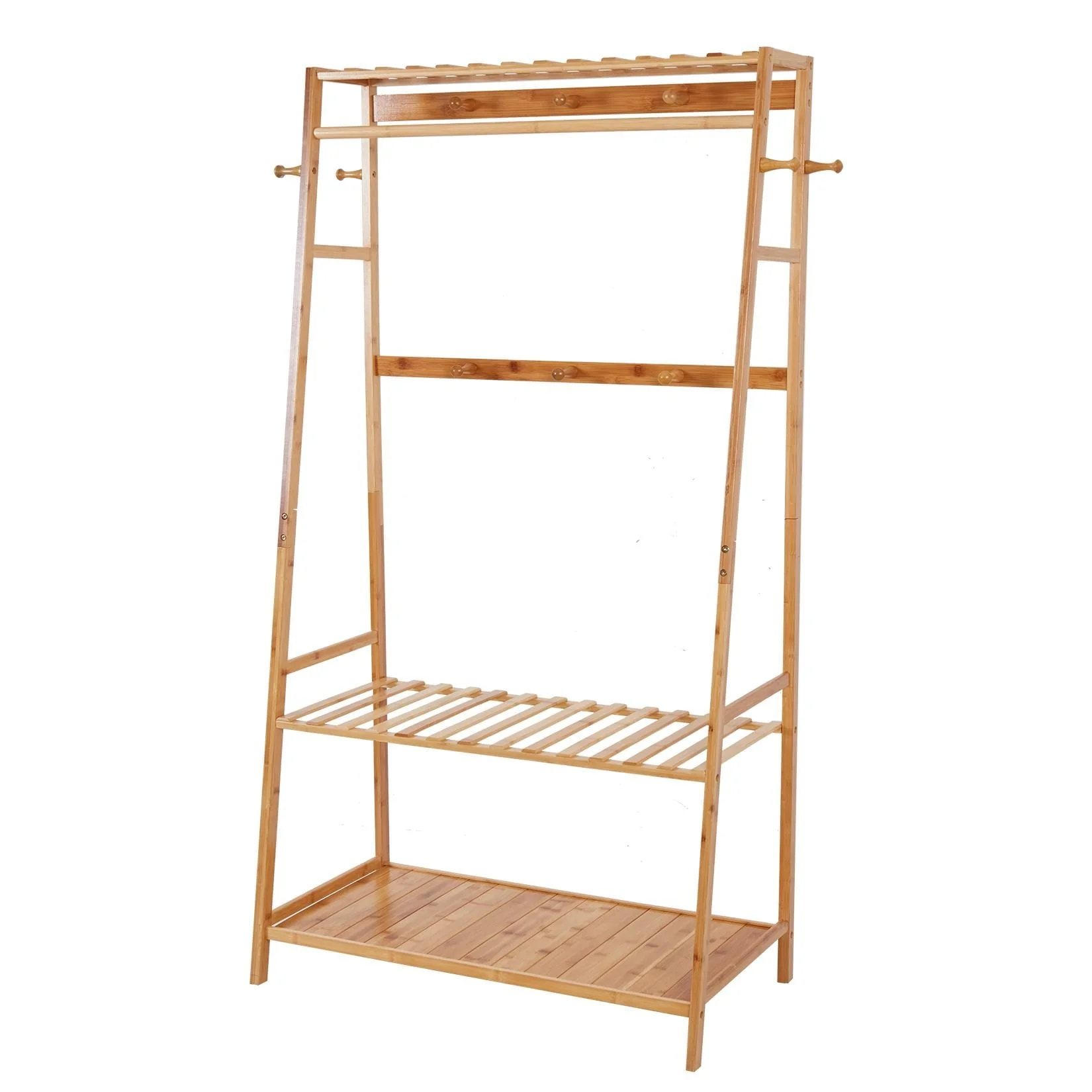 Bamboo Garment Coat Clothes Hanging Heavy Duty Rack with Top Shelf - 31 in. x 65 in.x 17 in.