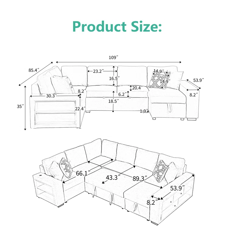 Mutsunori 109'' Chenille U-shaped sectional sofa Square Arms Sofa
