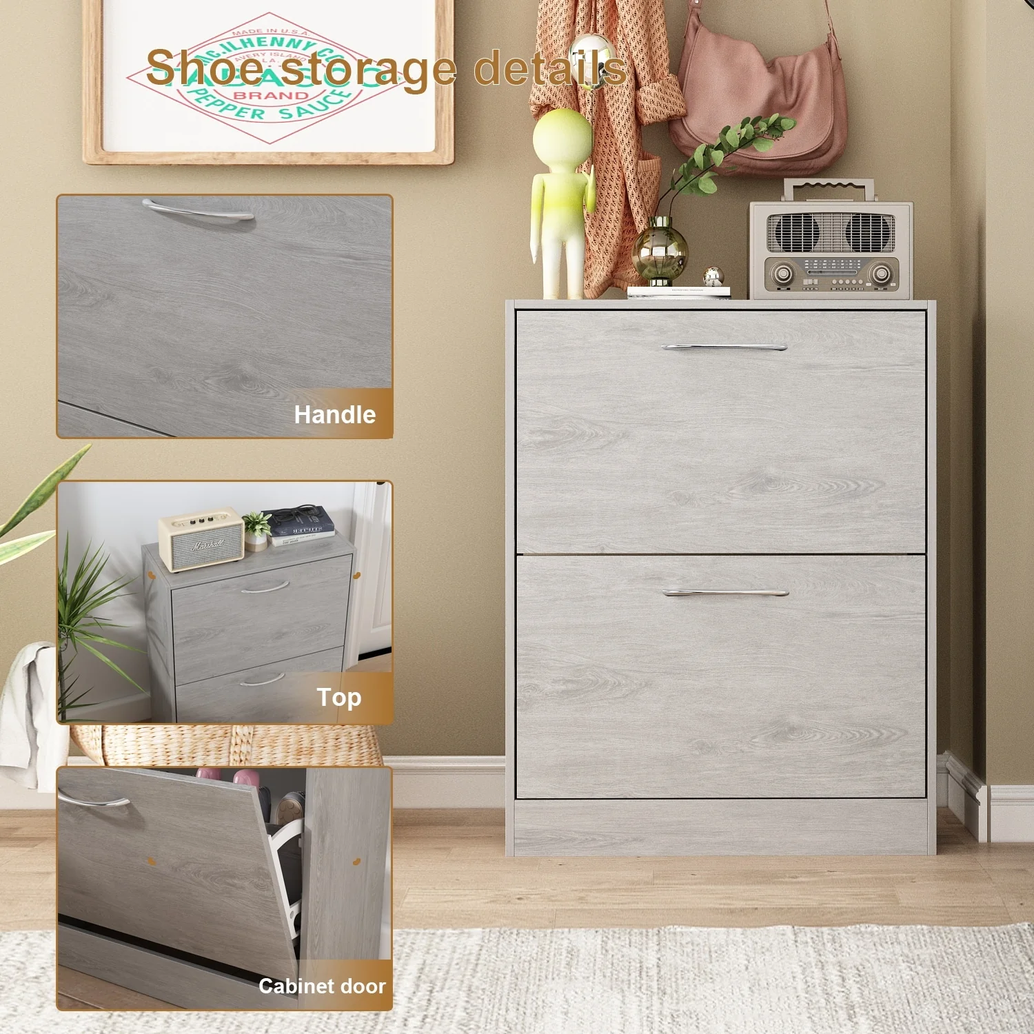 Grey Wood 12-Pair Shoe Storage Cabinet w/ 2 Flip Drawers by Kerrogee