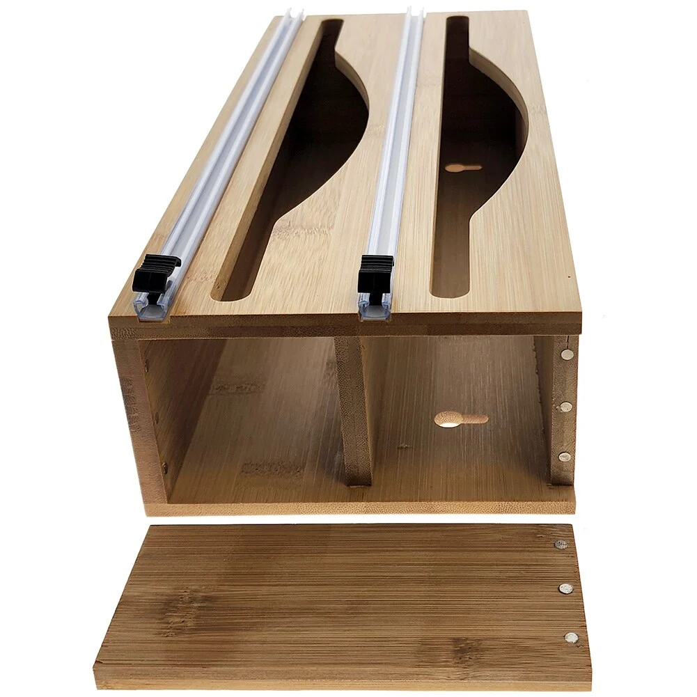 Luxe Bamboo Plastic Wrap/Wax Paper/Aluminum Foil Dispenser for Drawer or Wall Mountable - Cling Wrap / Tin Foil Kitchen Holder