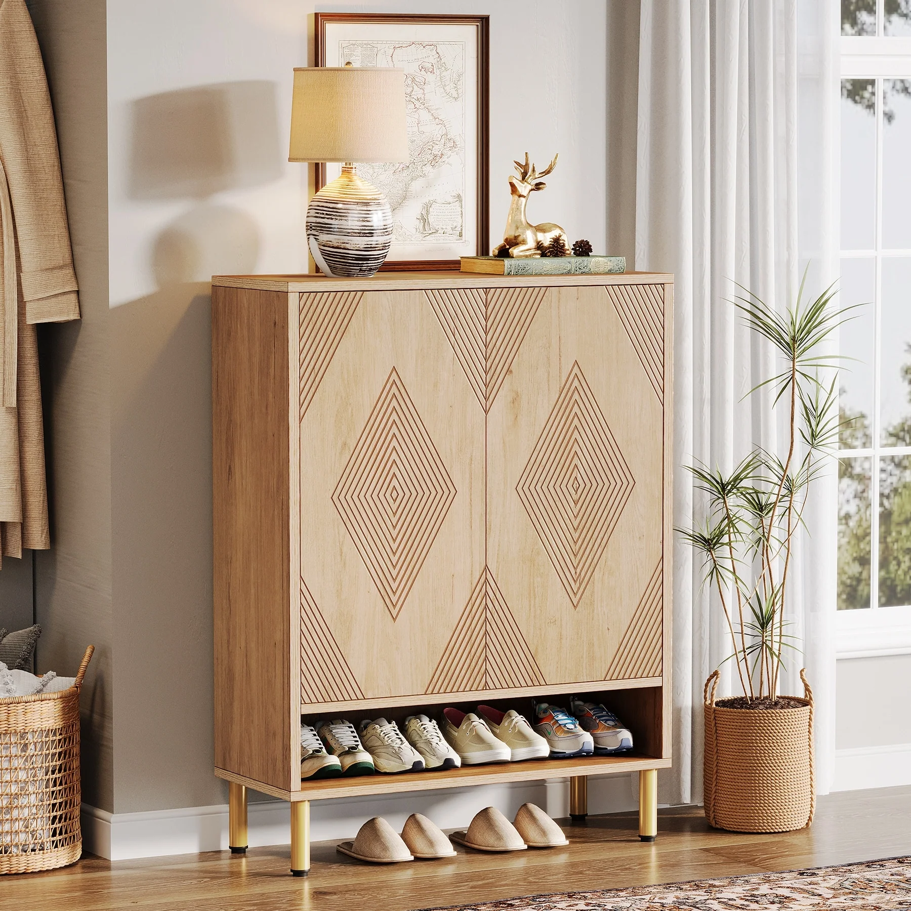 6-tier Shoe Cabinet with Doors, Wood Shoe Rack with Adjustable Shelves