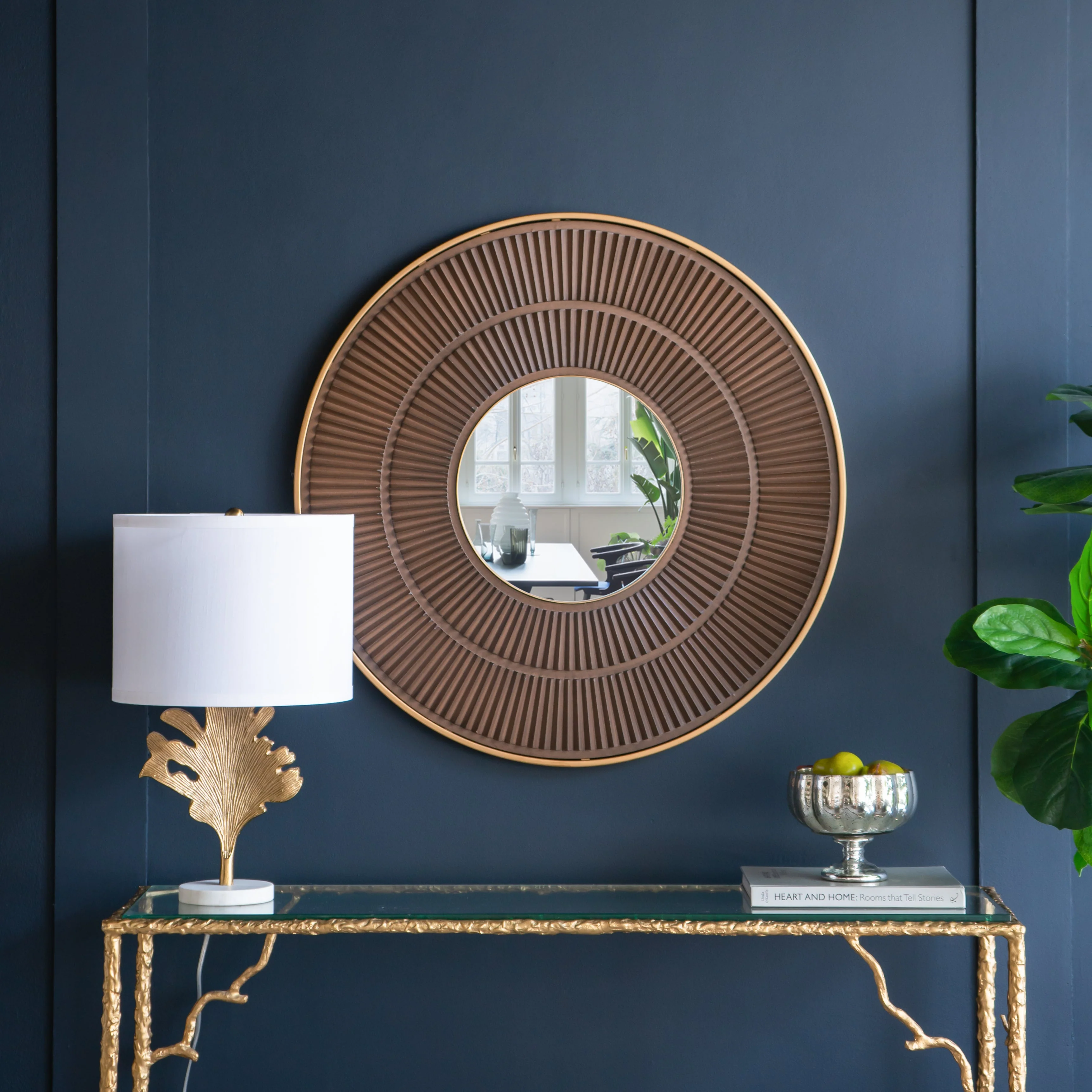 Round Wall Mirror with Pleated Design and Iron Frame