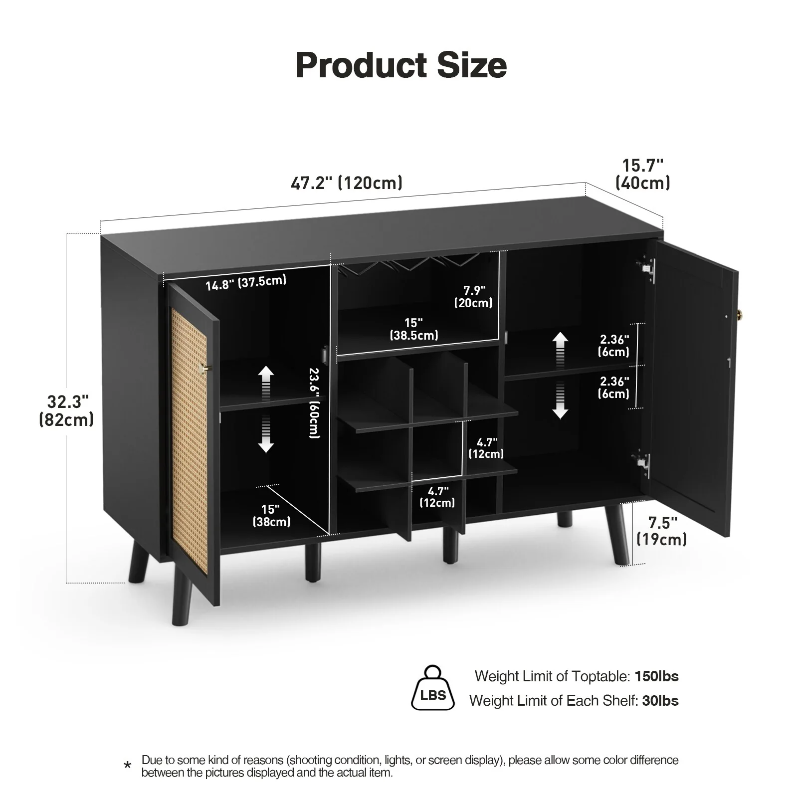 Anmytek Modern 2-Door Black Wood Rattan Kitchen Buffet Sideboard Coffee Bar Cabinet Server Table with Wine Rack