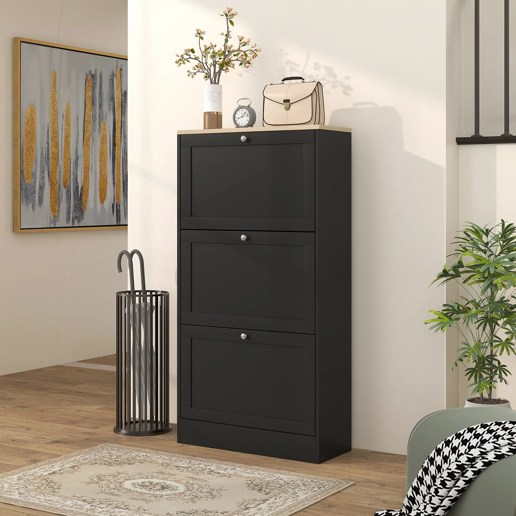 HOMCOM Narrow Shoe Storage Cabinet for Entryway with 3 Flip Drawers and Adjustable Shelves