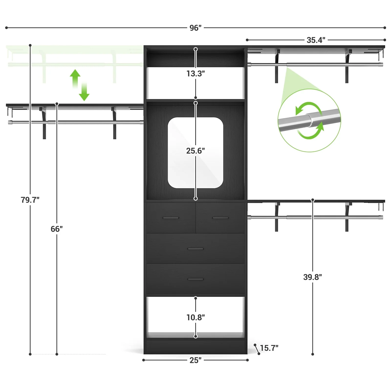 96'' W Closet System with Mirror, 8FT Walk-in Closet Organizer Kits with 4 Wooden Drawers ＆ 3 Extendable Hanging Rods