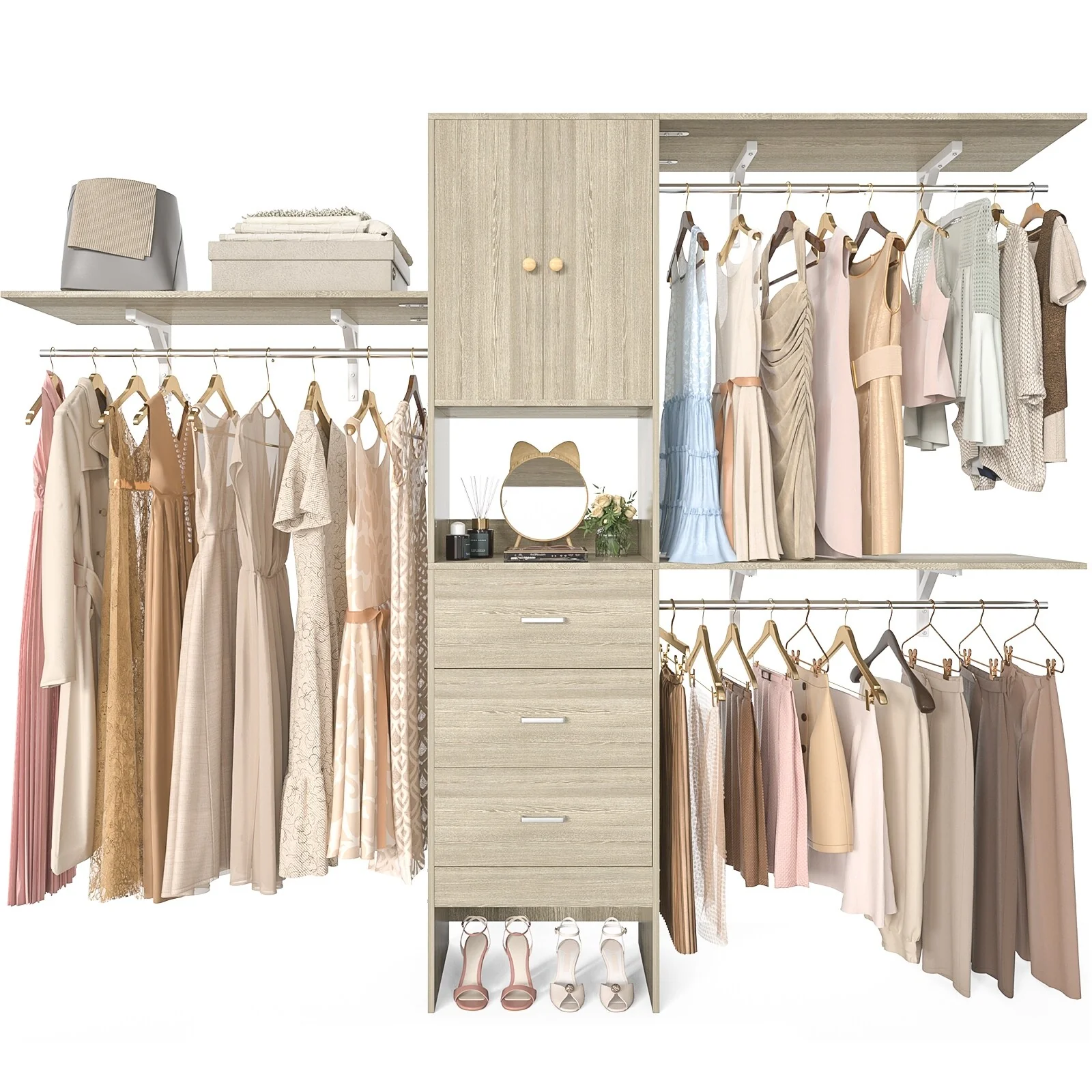 20''-96'' Wide Wooden Closet Organizer With Doors, Adjustable Closet System with Drawers and Hanging Rods