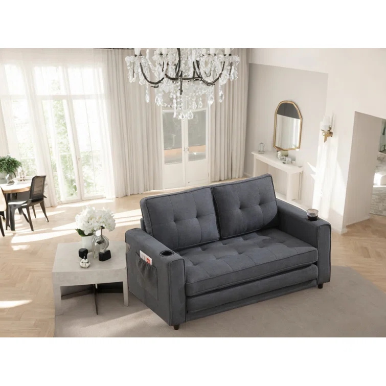 3-in-1 Convertible Sofa Bed Upholstered Tufted Futon Sofa Bed With Cup Holders,pull-out Sleeper
