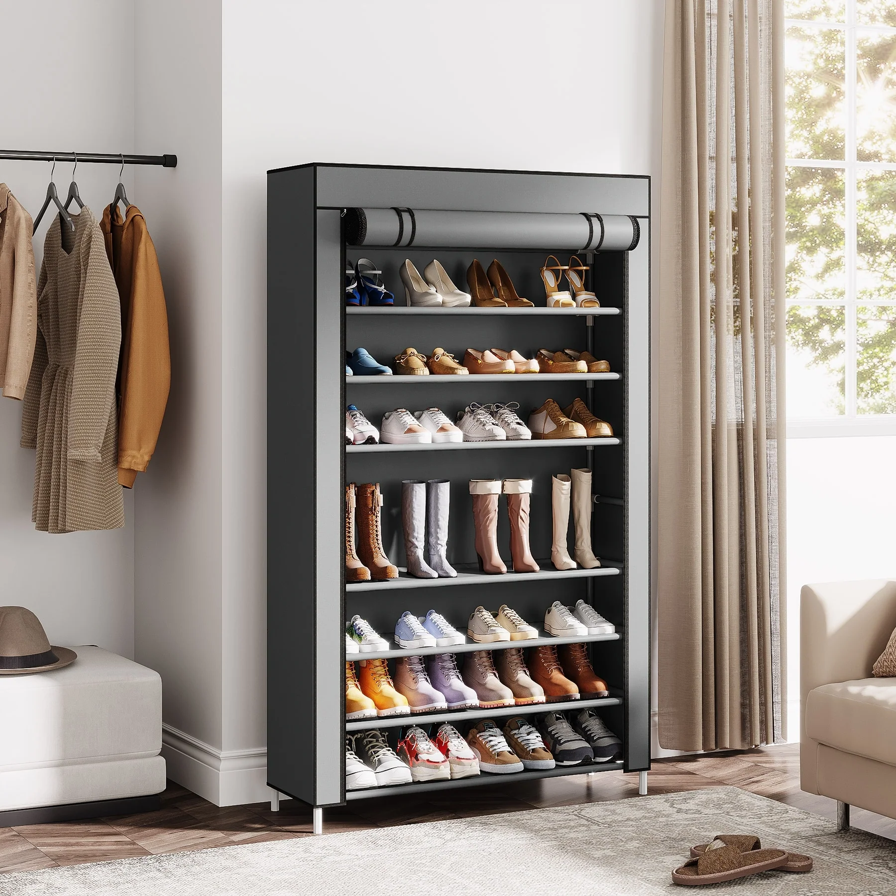 9-Tier Tall Shoe Shelf Stand Rack Organizer with Non-woven Fabric Cover - 10-tier