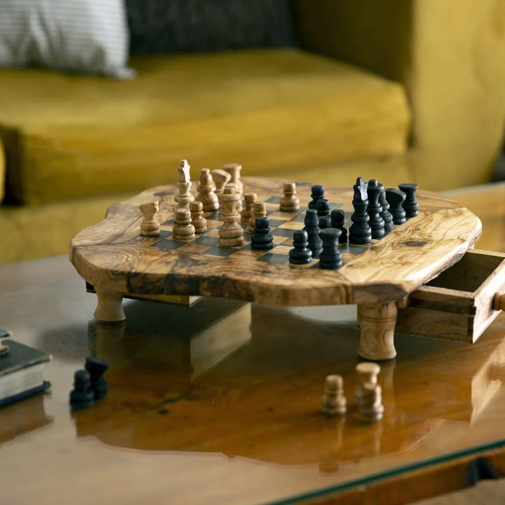Large Olive Wood Chess Board with Storage Drawers
