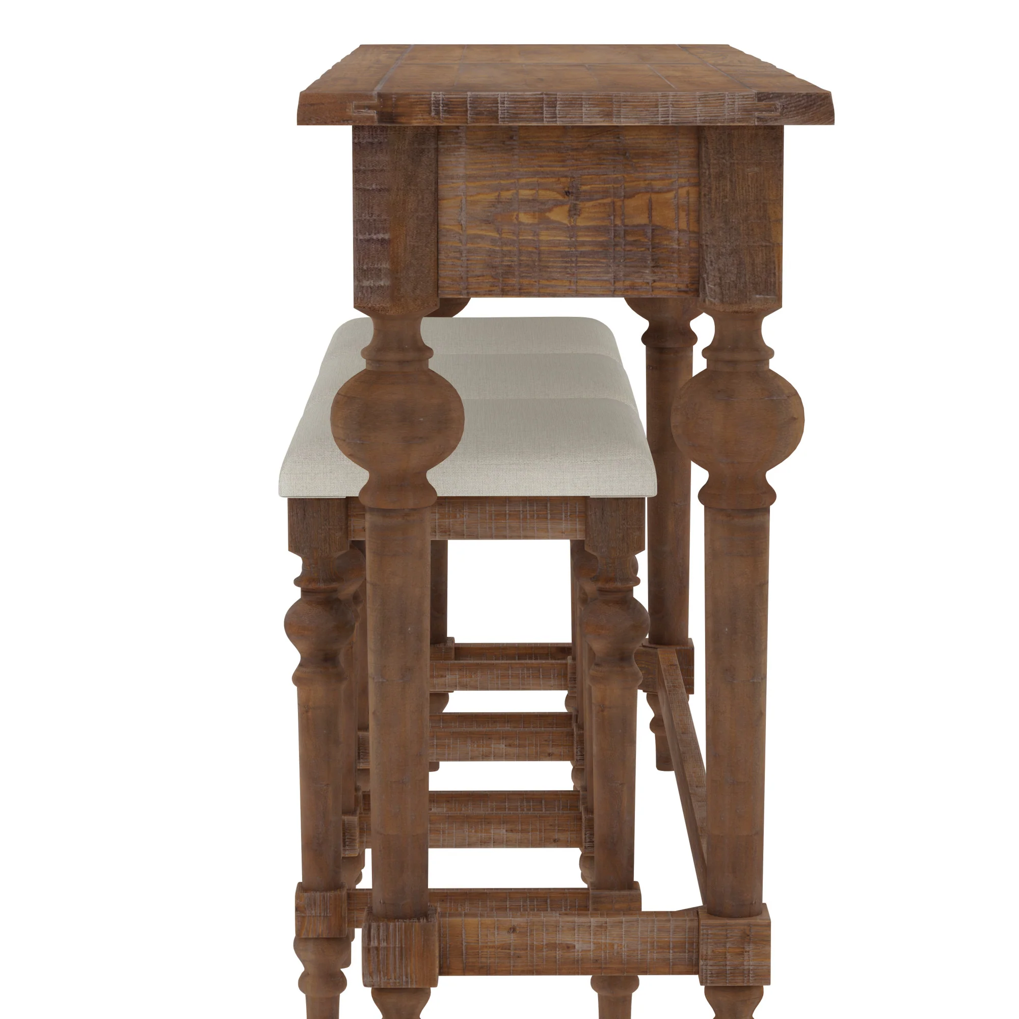 4-Piece Console Table with 3 Stools, 2 Drawers and Turned Legs