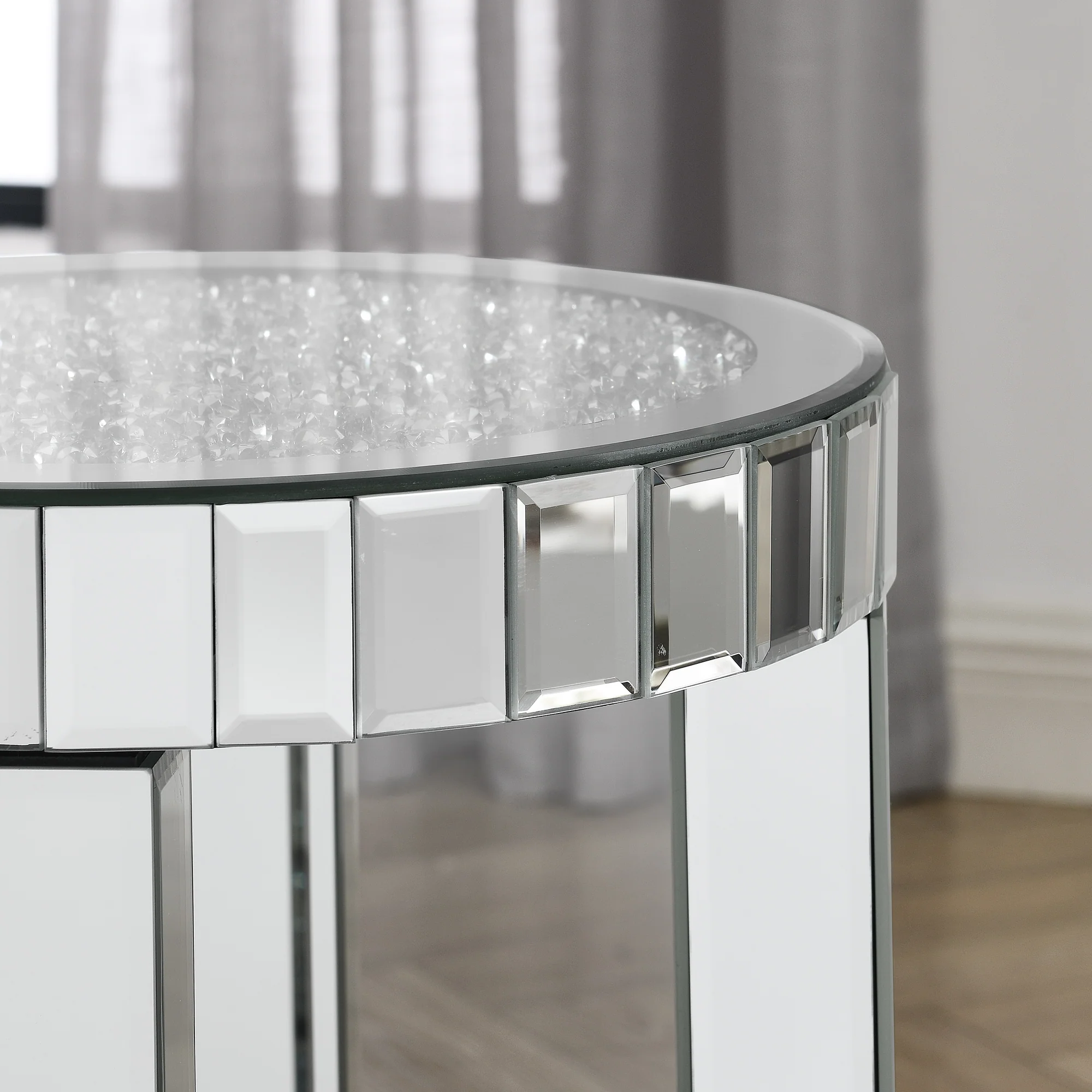 Mirror Round Side Table with Crystal Inlay and Storage Space