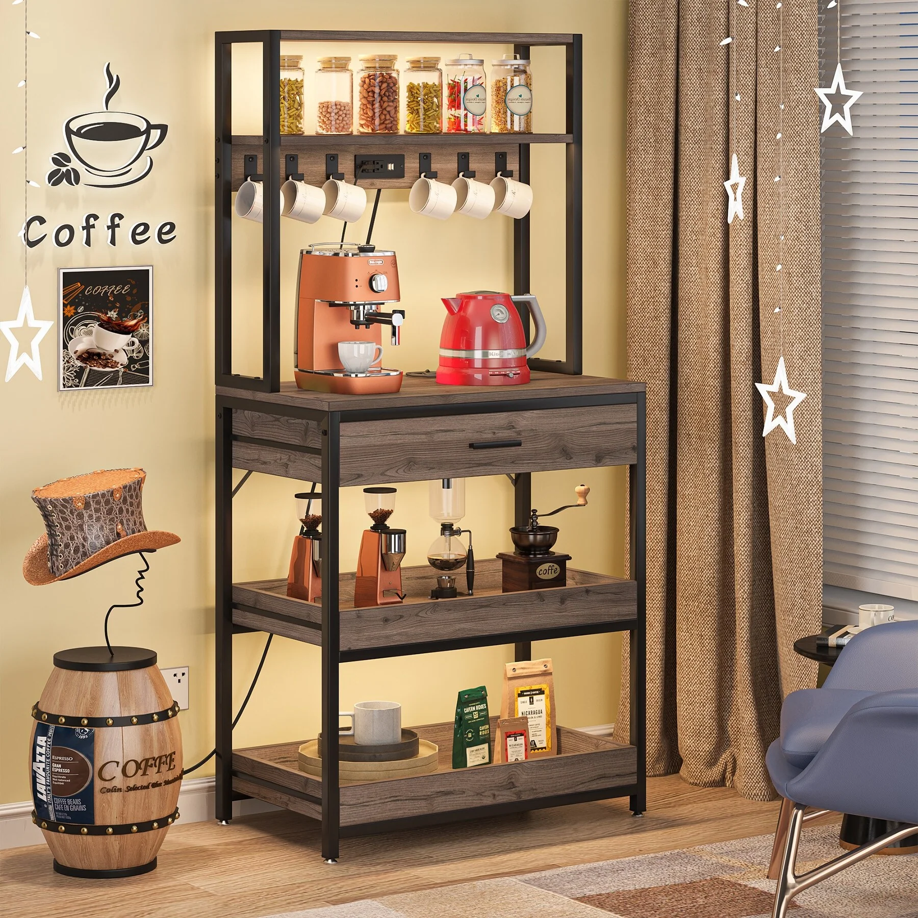 Kitchen Bakers Rack with Power Outlets, High Utility Storage Shelves Microwave Stand with Drawers