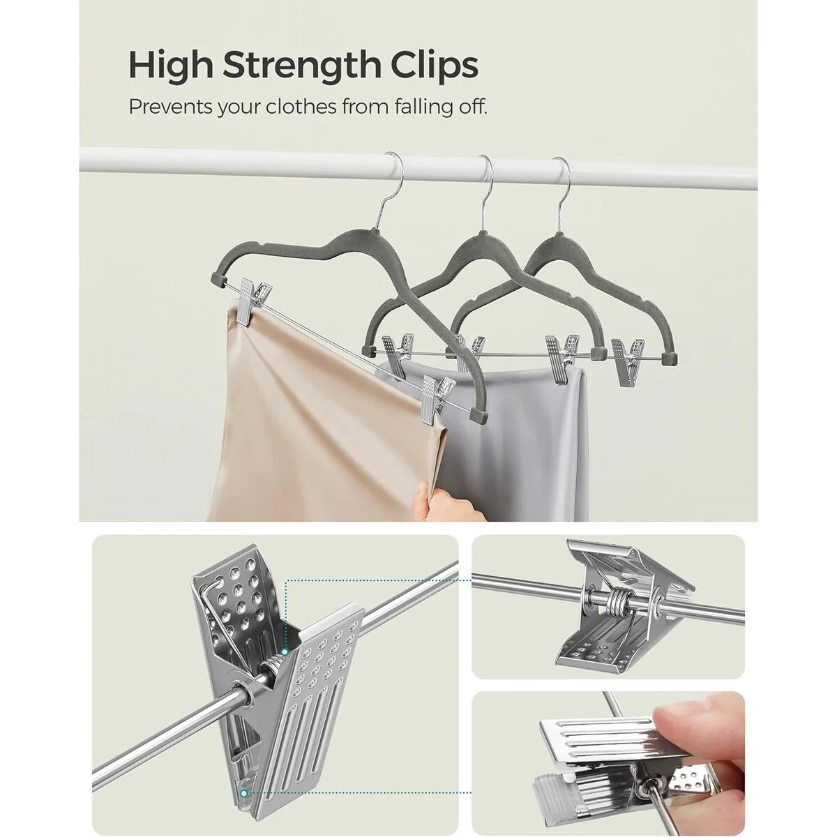 SONGMICS 30 Packs Velvet Hangers Skirt Pants Hangers with Adjustable Clips Non Slip Space Saving Clothes Hangers for Gray