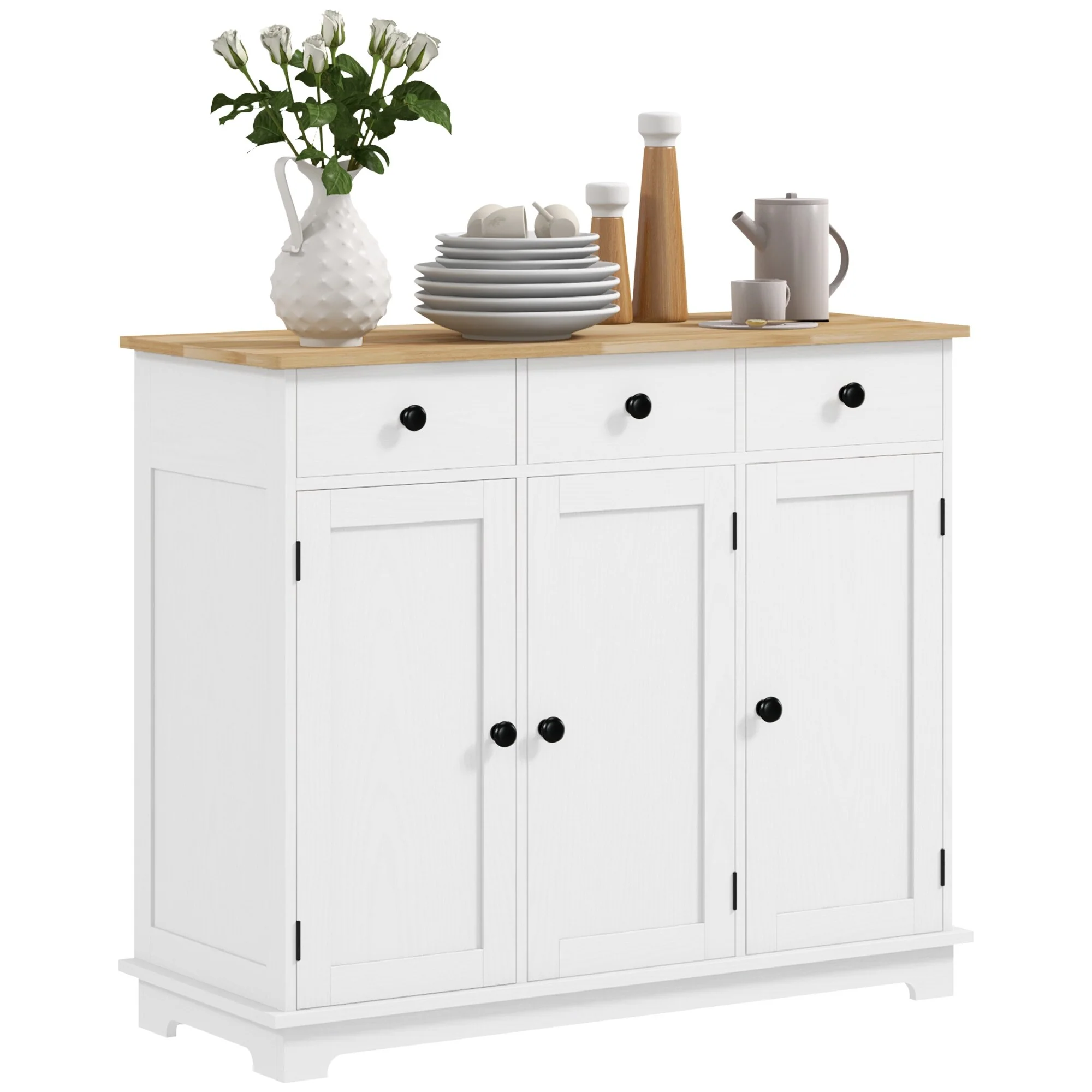 HOMCOM Sideboard with Solid Wood Countertop, Modern Kitchen Storage Cabinet, Coffee Bar Cabinet with 3 Drawers