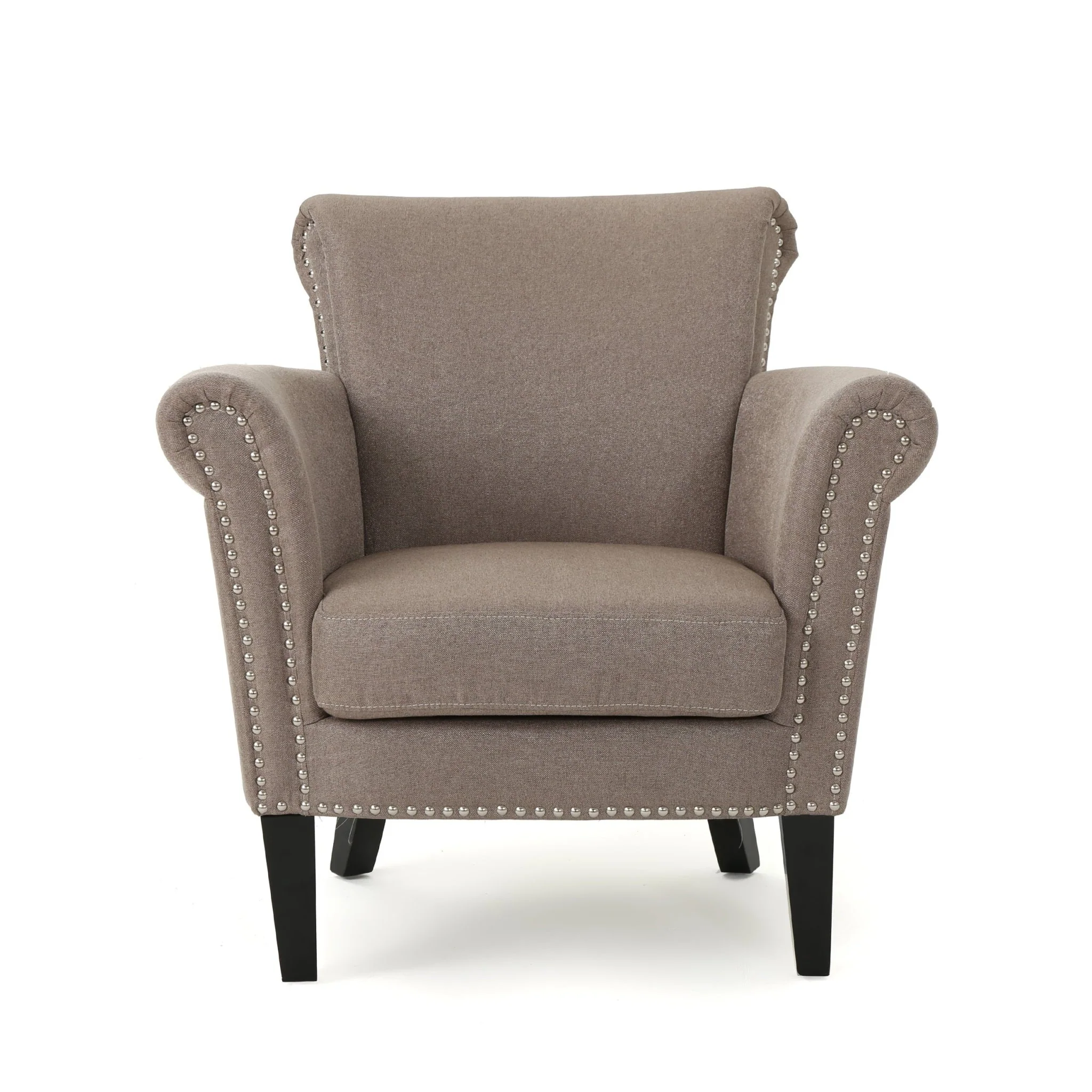 Upholstered Club Chair with Curved Design, Nailhead Trim and Rolled Armrests