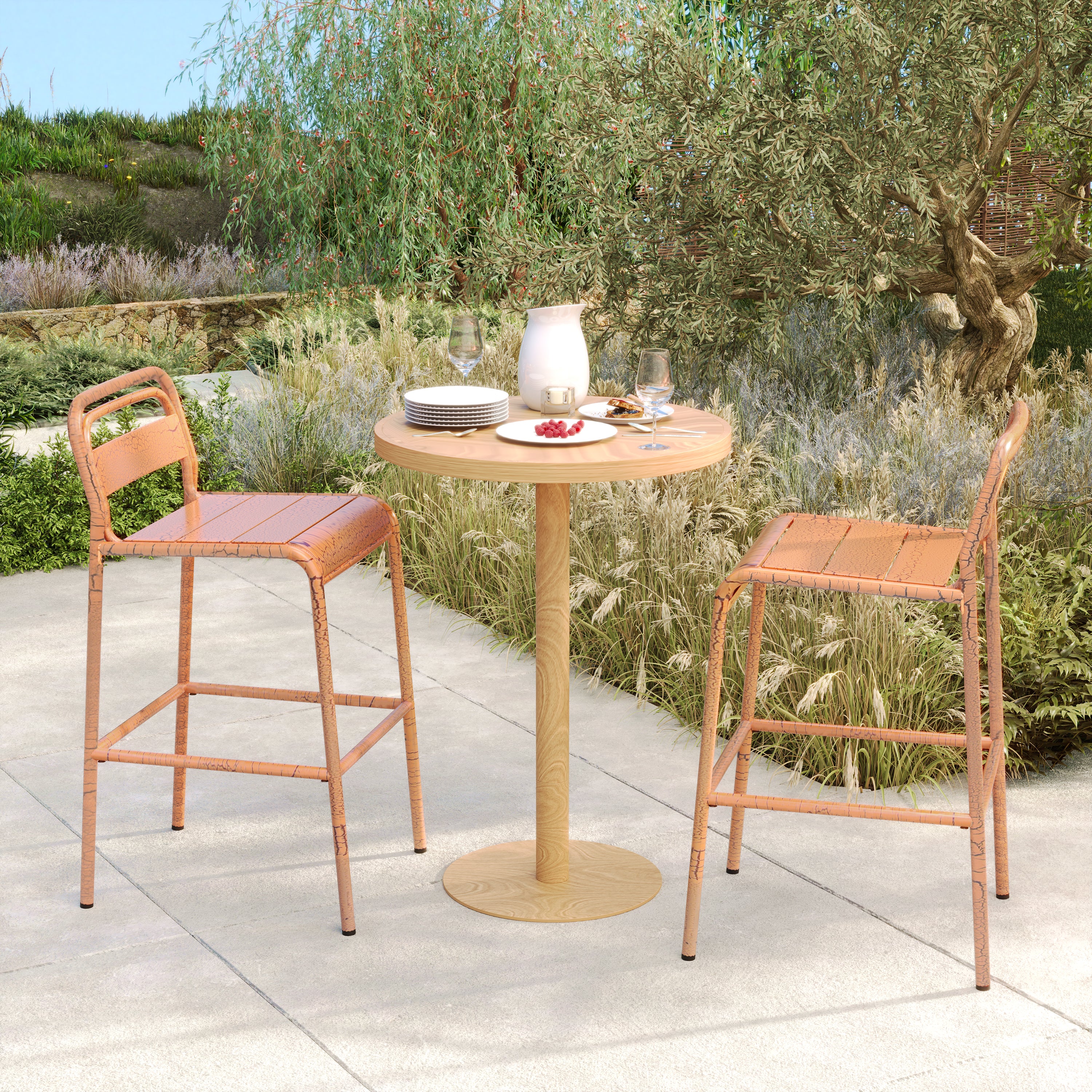 Anhydrite Outdoor Bar Stool with Low Back and Slatted Seat, Set of 2