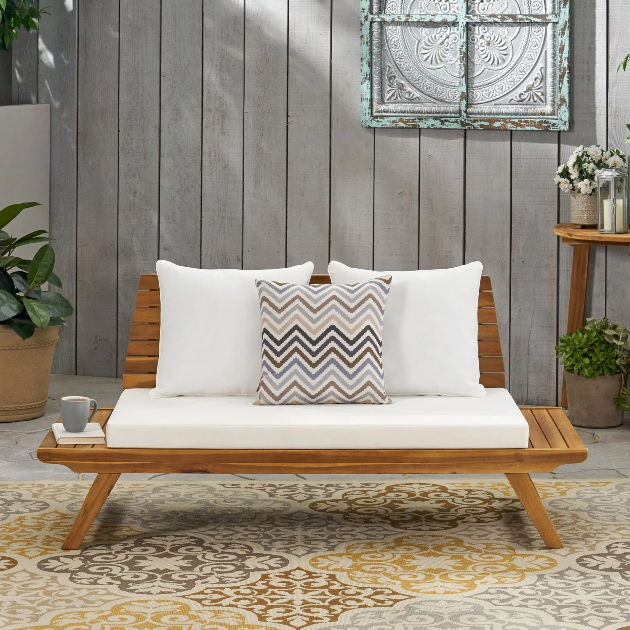 Outdoor Loveseat with Slatted Design and Cushion