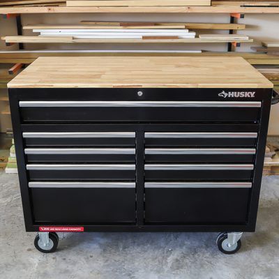46 in. W x 24.5 in. D 9-Drawer Gloss Black Deep Tool Chest Mobile Workbench with Hardwood Top and Power Station