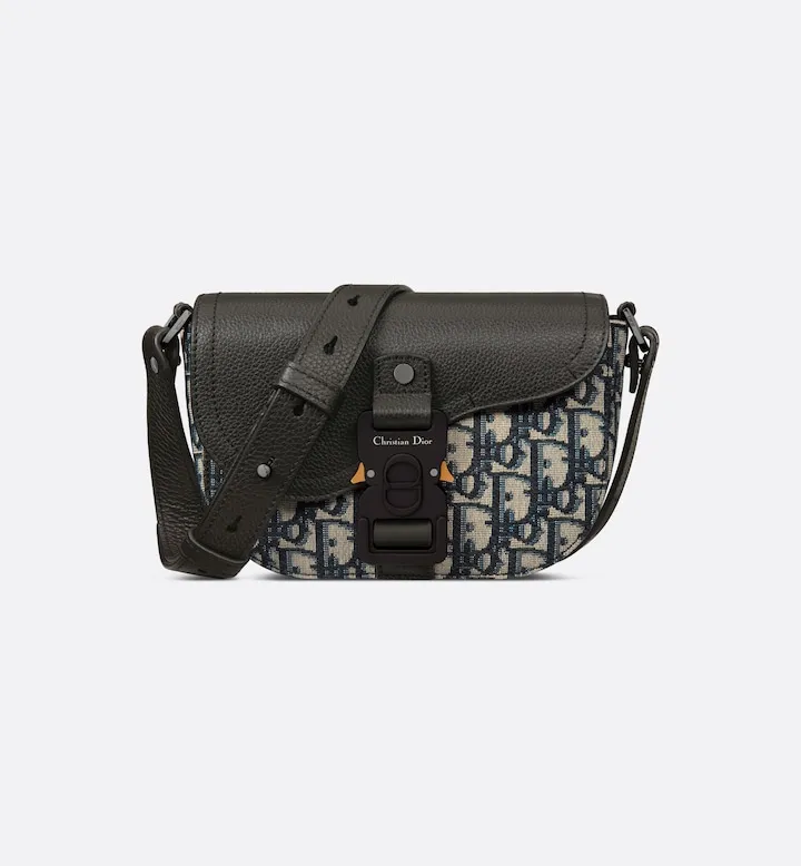 Mini Saddle Messenger Bag with Flap Beige and Black Oblique Jacquard with Black Grained Calfskin