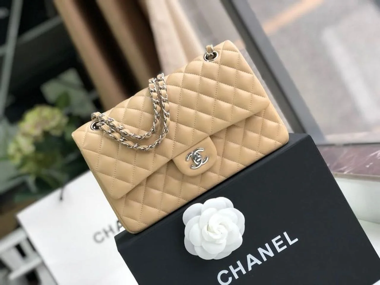 Chanel Classic Handbag Silver Hardware BeigeFor Women, Women's Bags, Shoulder And Crossbody Bags 10.2in/26cm A01112