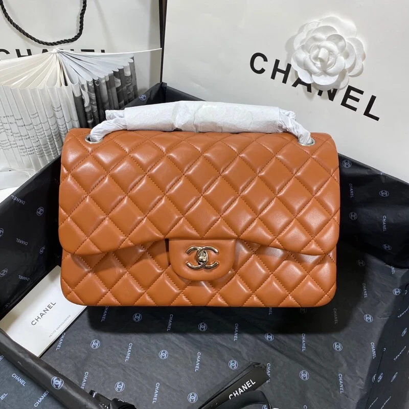 Chanel Large Classic Handbag Silver Hardware Brown For Women, Women's Handbags, Shoulder Bags 11.8in/30cm
