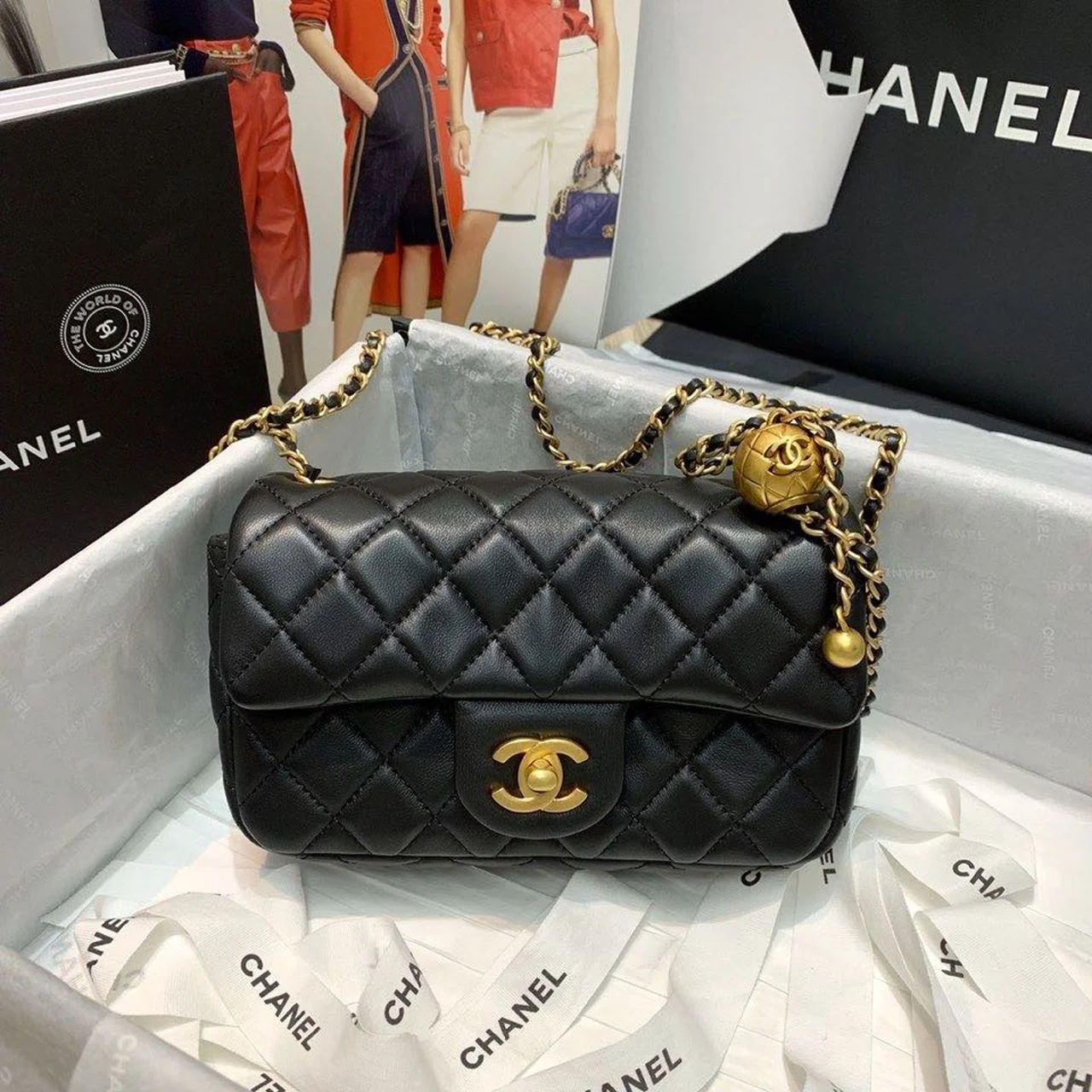Chanel Flap Bag With CC Ball On Strap Black For Women, Women's Handbags, Shoulder And Crossbody Bags 7.8in/20cm AS1787