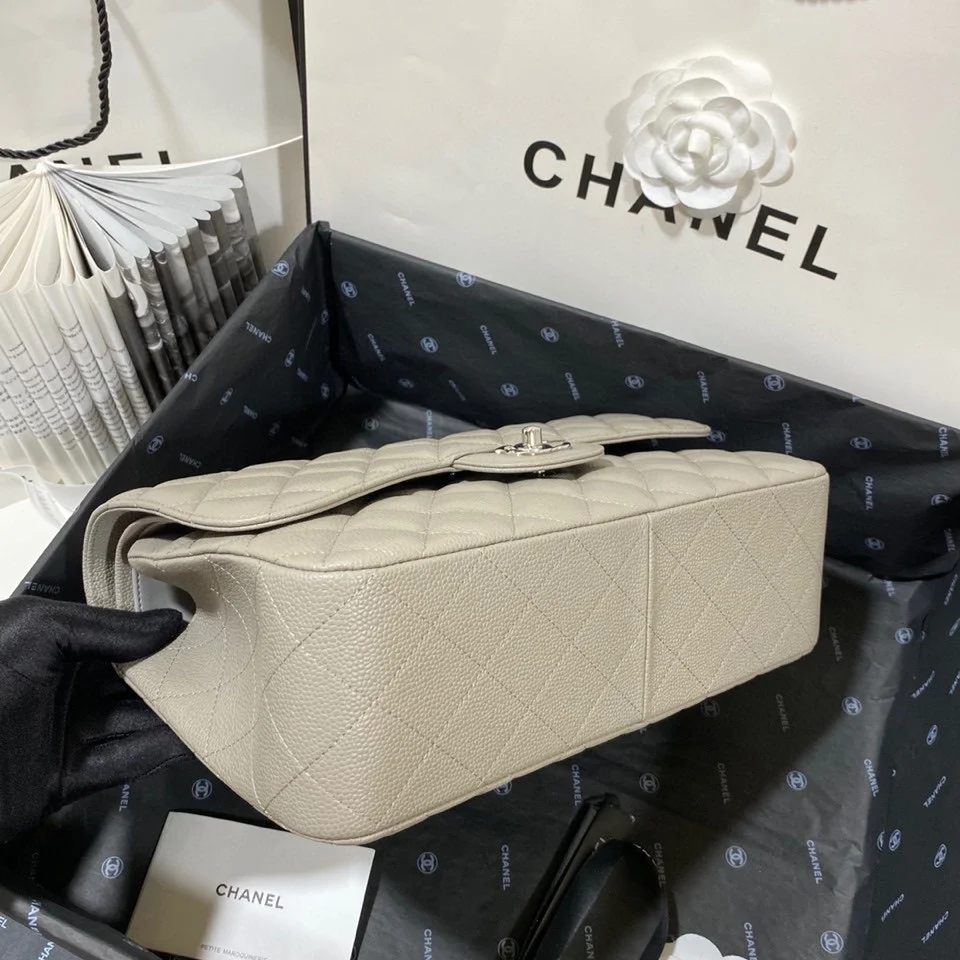 Chanel Large Classic Handbag Silver Hardware Grey For Women, Women's Handbags, Shoulder Bags 11.8in/30cm