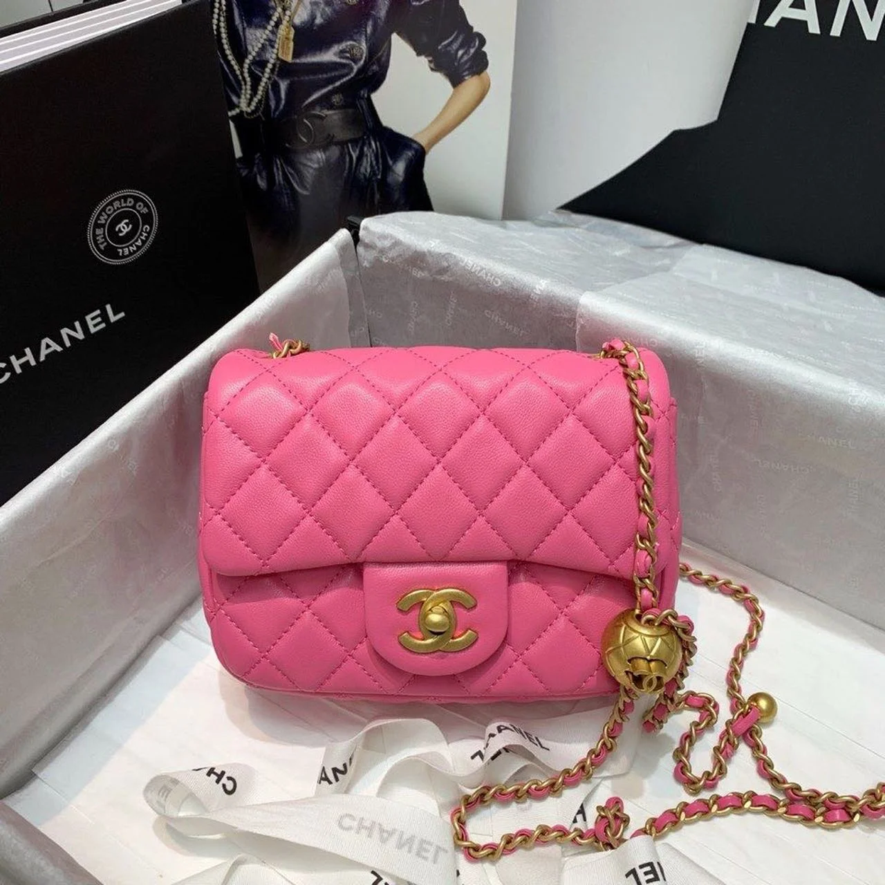 Chanel Mini Flap Bag With CC Ball On Strap Pink For Women, Women's Handbags, Shoulder And Crossbody Bags 6.7in/17cm AS1786