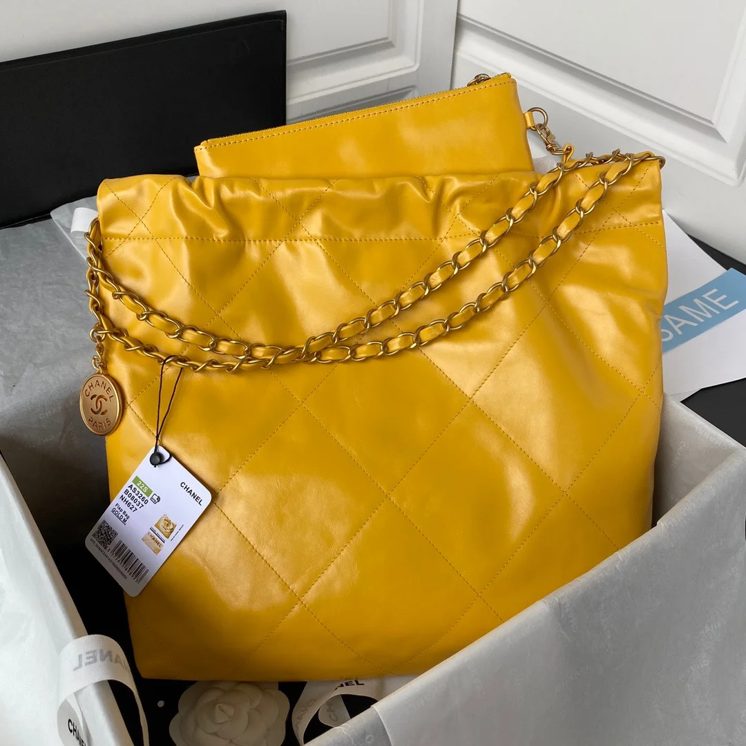 Chanel 22 Handbag Gold Hardware Shiny Yellow For Women, Women's Handbags, Shoulder Bags 16.5in/38cm AS3261